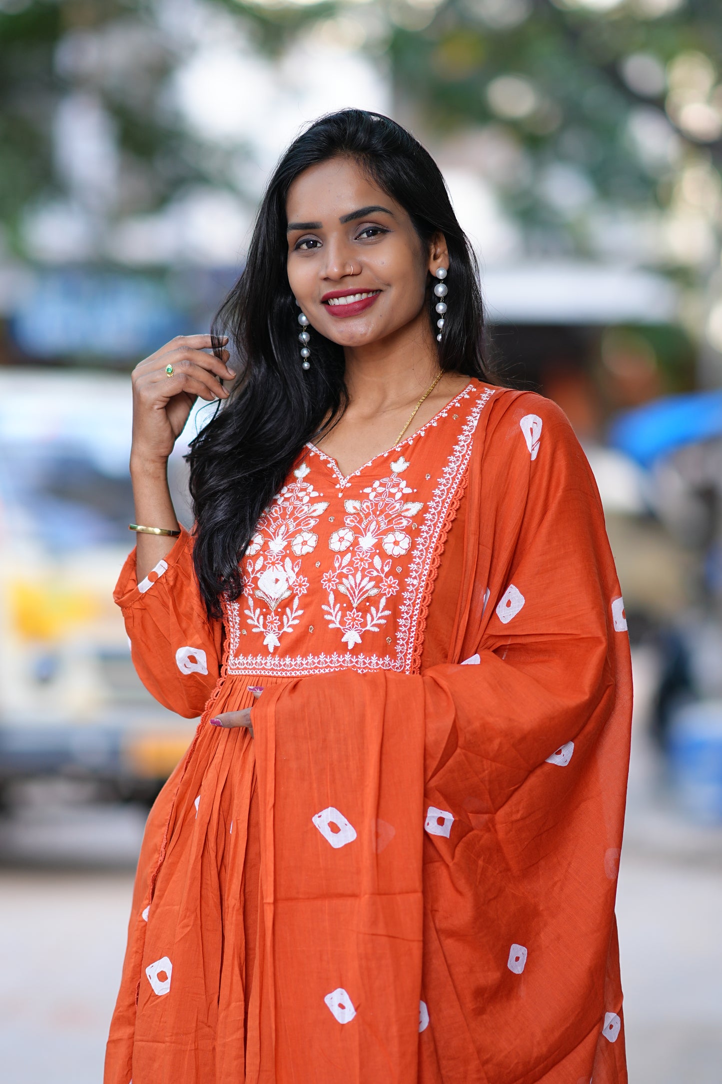 Rust Orange Mul Mul Cotton Bandhani Print 3 Piece Set With Thread Embroidery Work and Lining