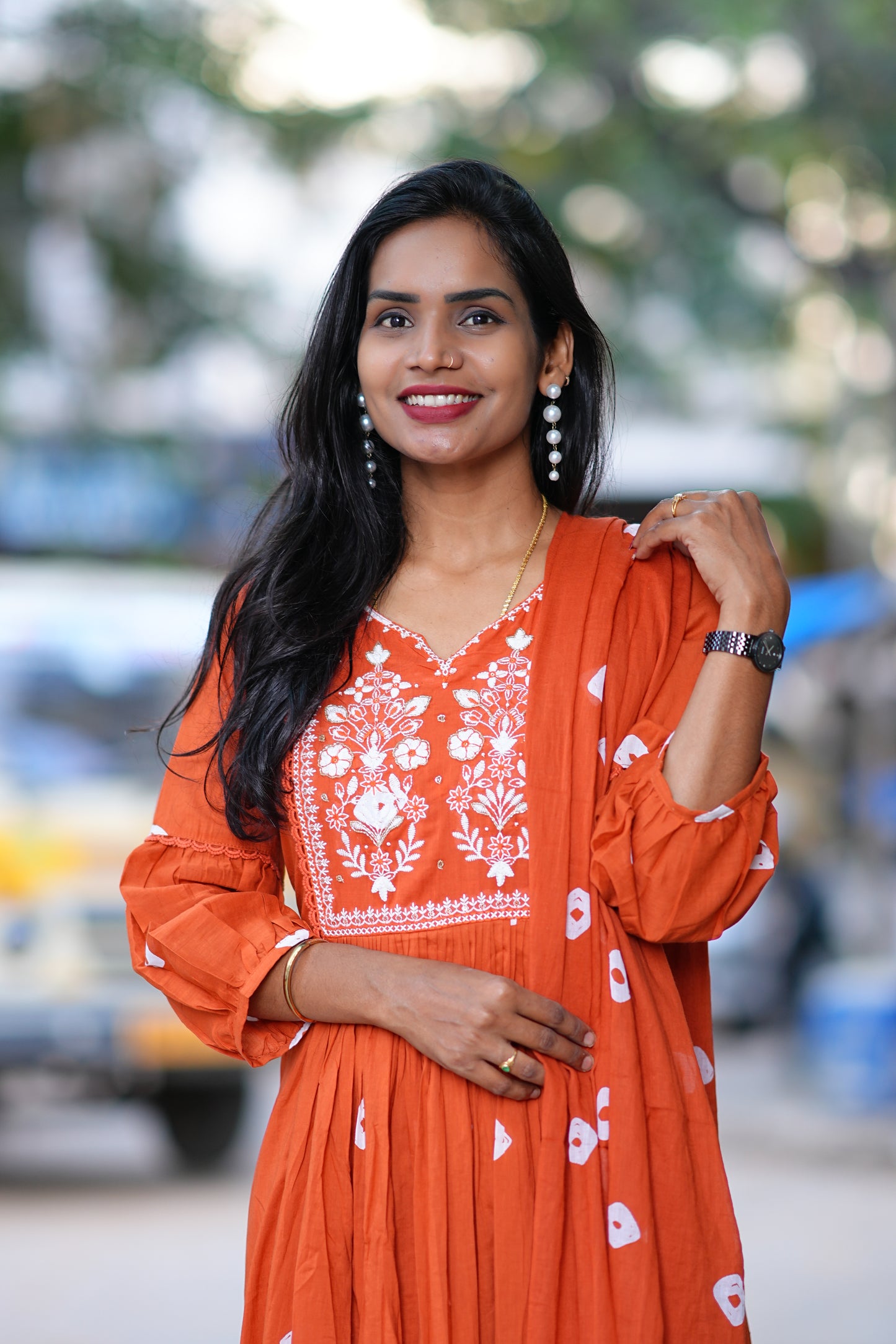 Rust Orange Mul Mul Cotton Bandhani Print 3 Piece Set With Thread Embroidery Work and Lining