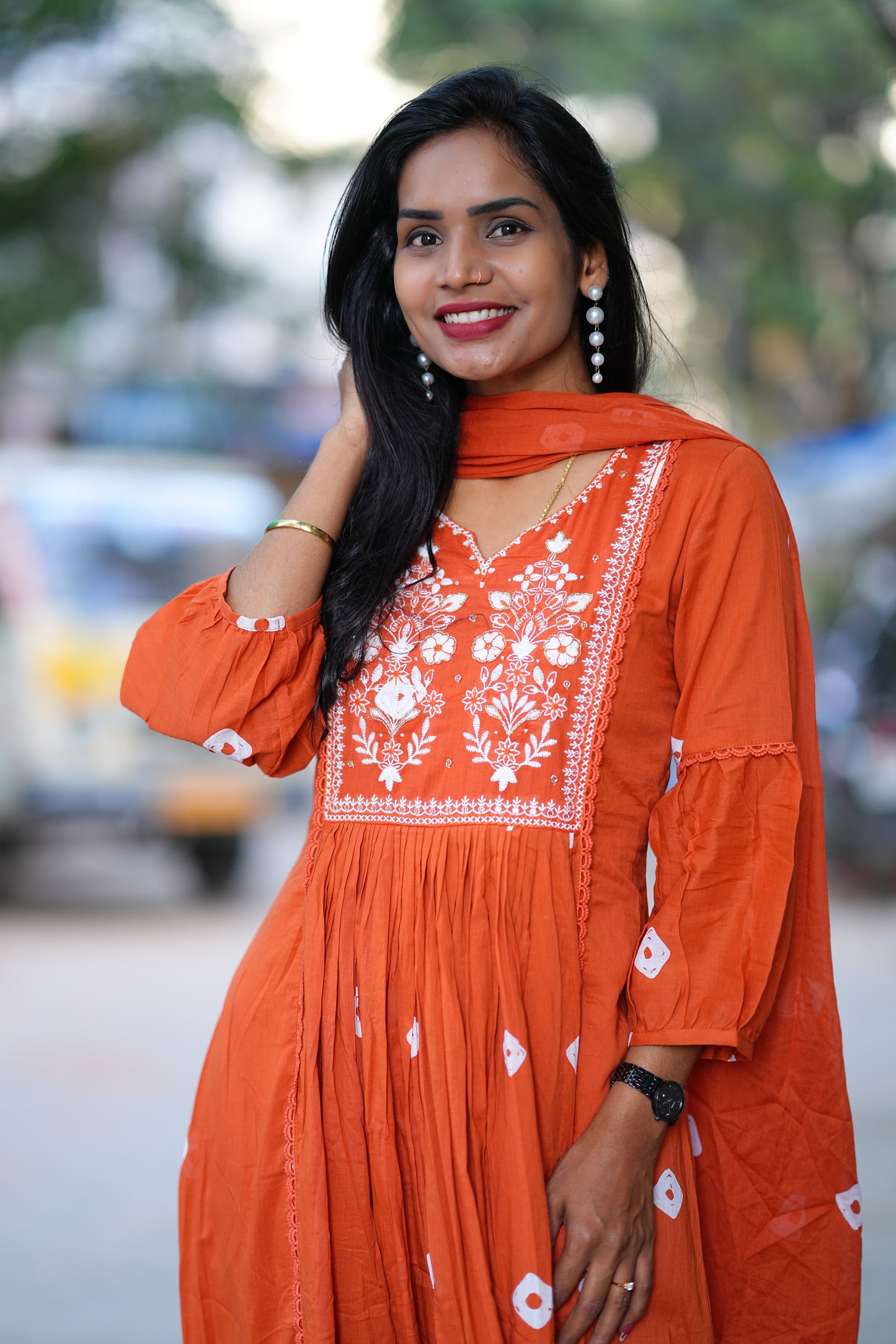 Rust Orange Mul Mul Cotton Bandhani Print 3 Piece Set With Thread Embroidery Work and Lining