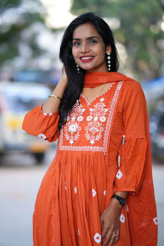 Rust Orange Mul Mul Cotton Bandhani Print 3 Piece Set With Thread Embroidery Work and Lining