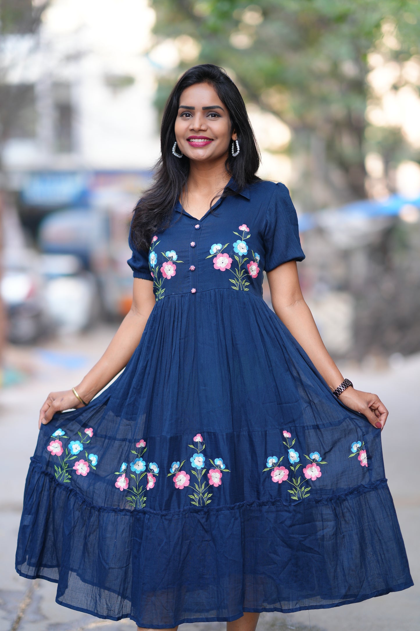 Blue Color Mul cotton Frock With Embroidery work and full lining