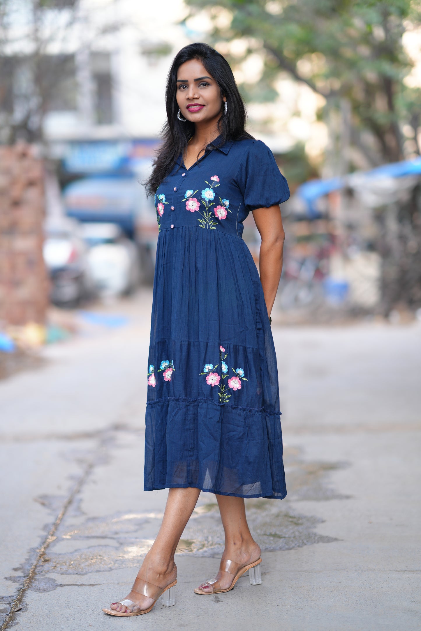 Blue Color Mul cotton Frock With Embroidery work and full lining