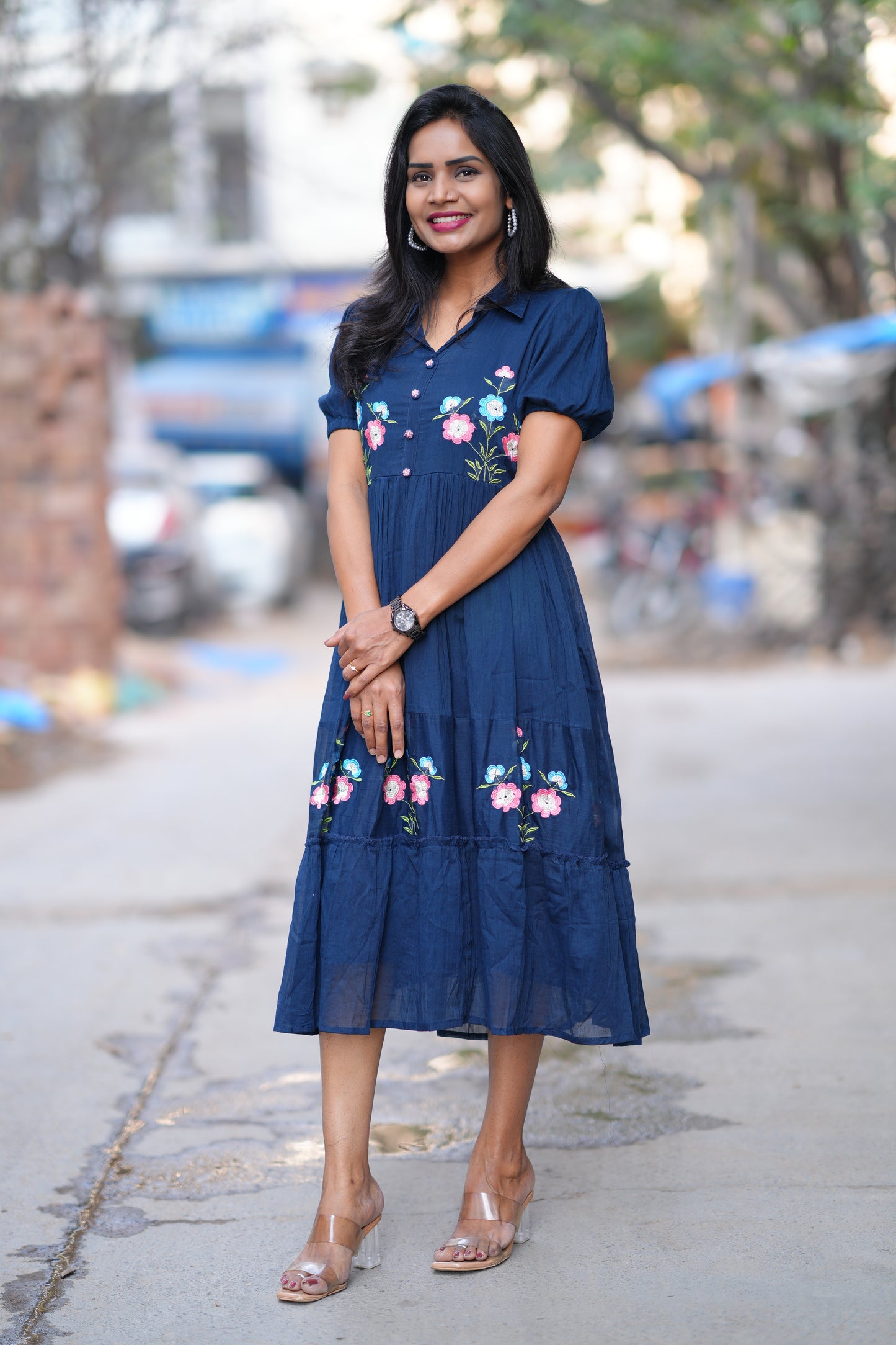 Blue Color Mul cotton Frock With Embroidery work and full lining