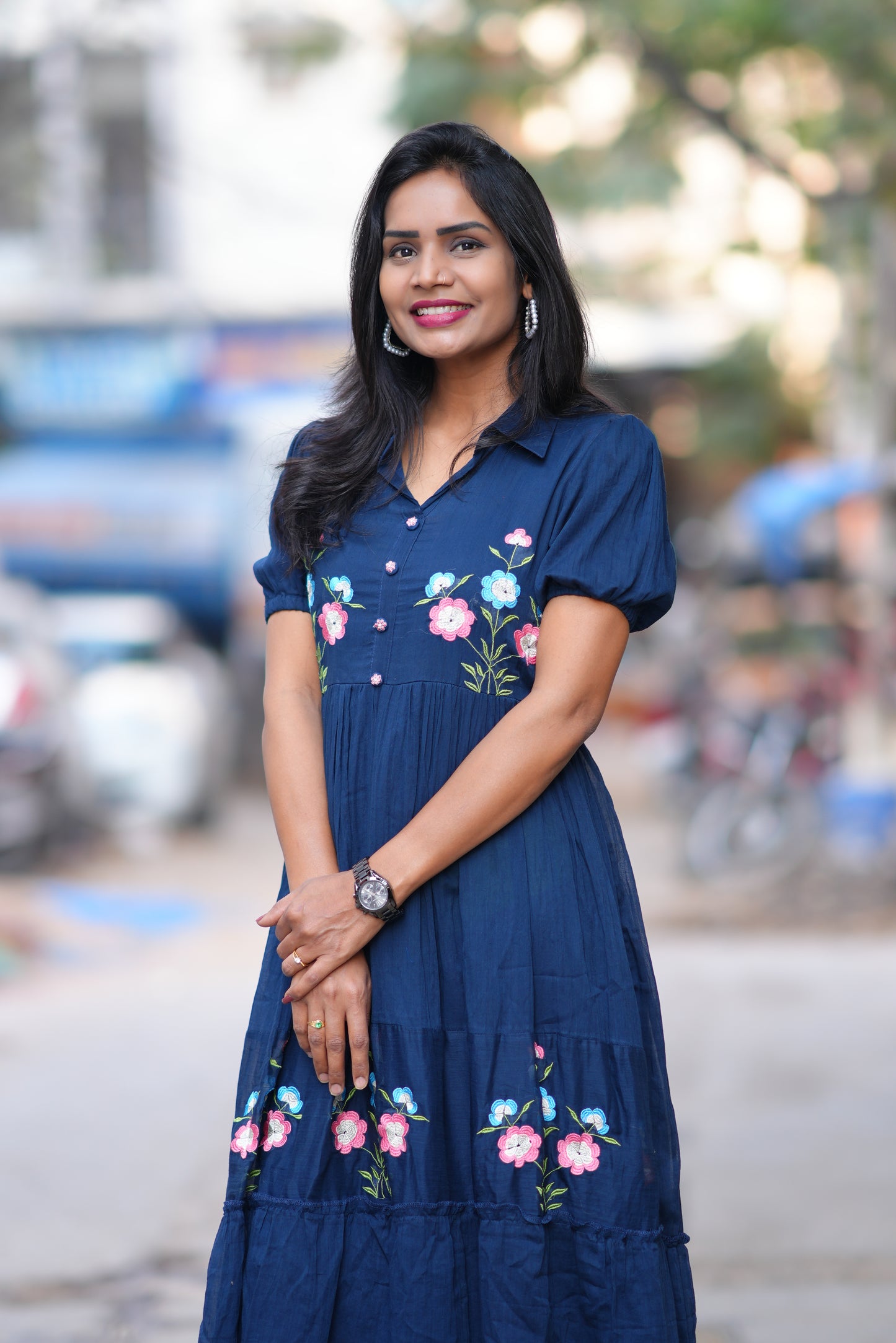 Blue Color Mul cotton Frock With Embroidery work and full lining