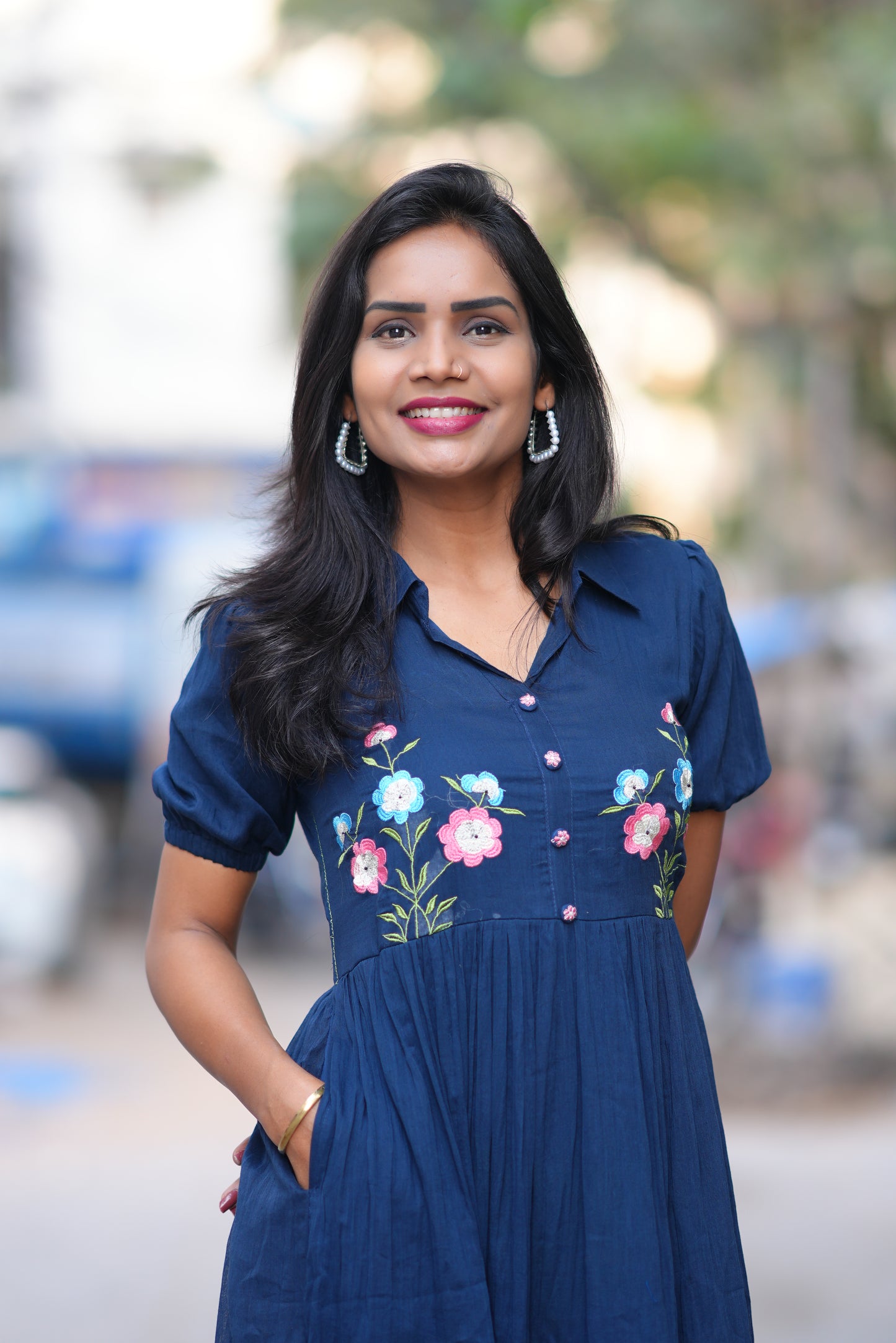 Blue Color Mul cotton Frock With Embroidery work and full lining