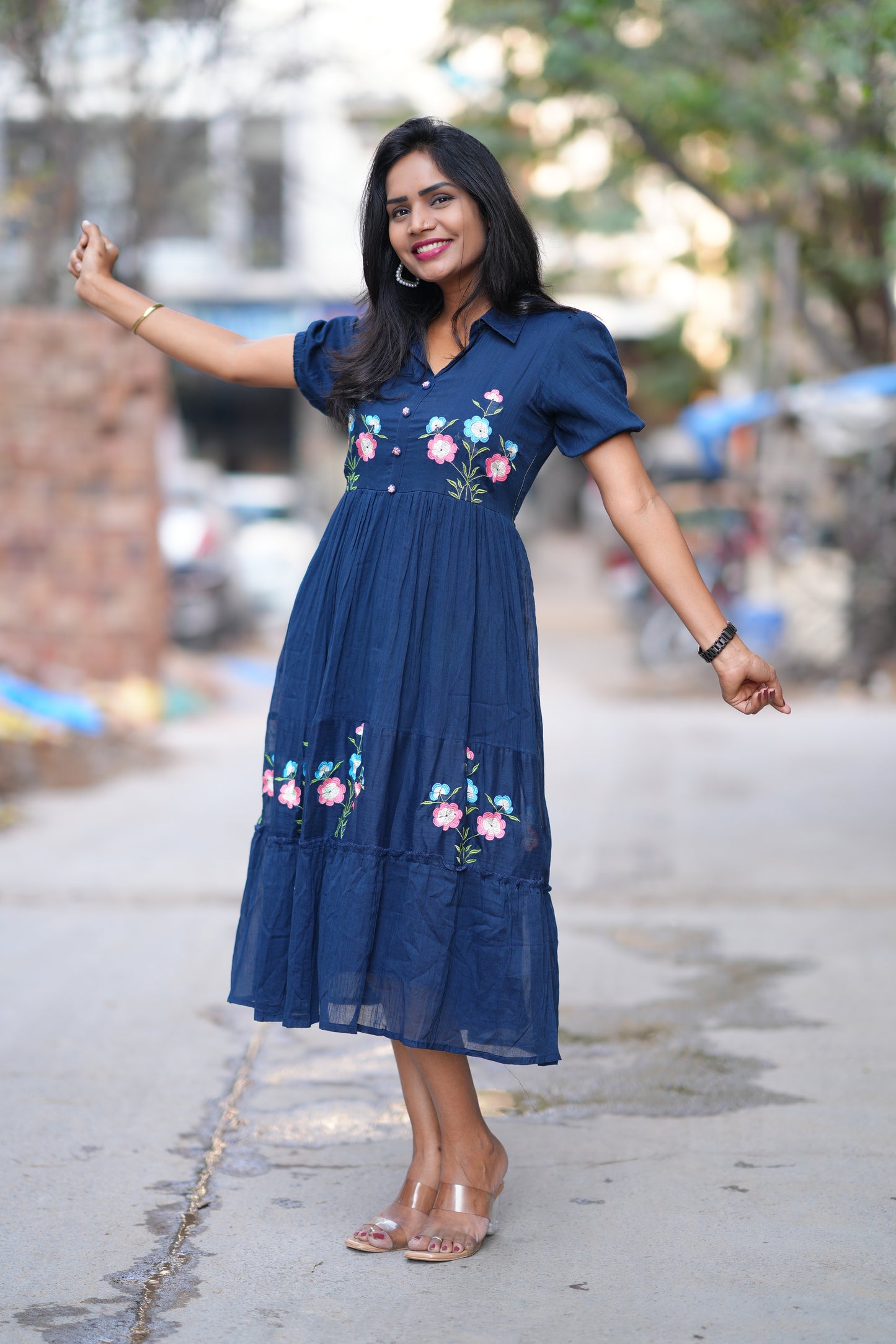 Blue Color Mul cotton Frock With Embroidery work and full lining