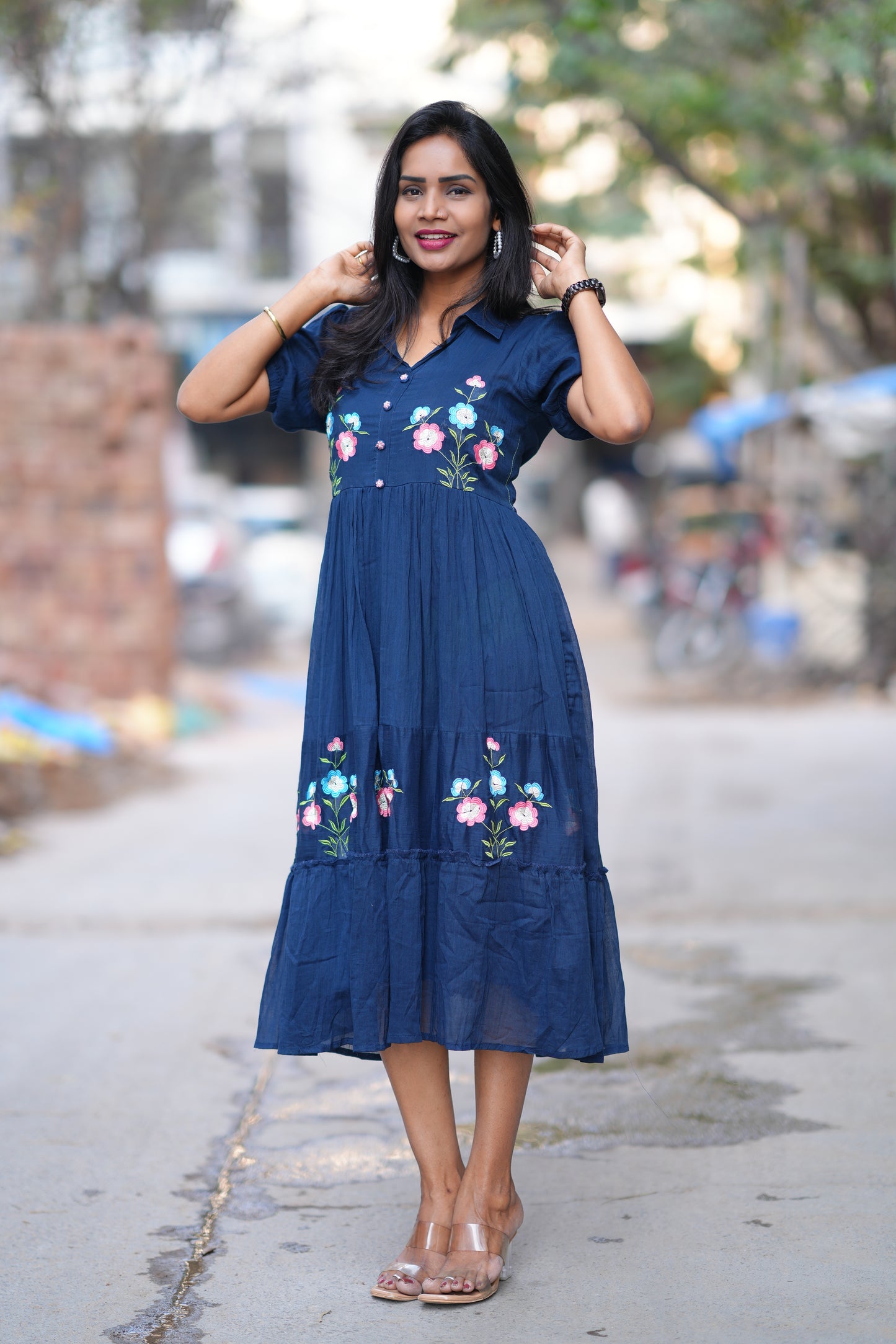 Blue Color Mul cotton Frock With Embroidery work and full lining