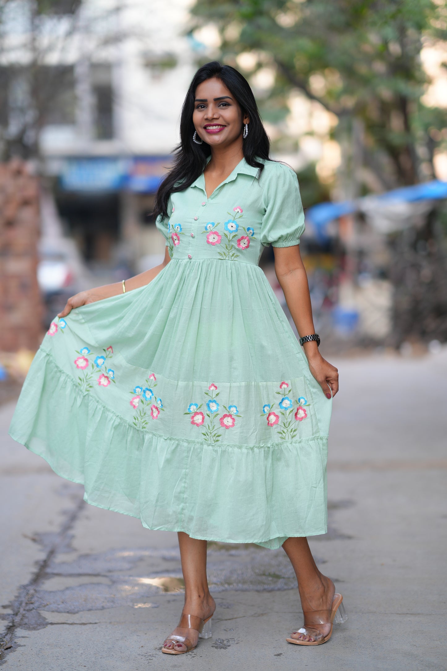 Pastel Green Color Mul cotton Frock With Embroidery work and full lining