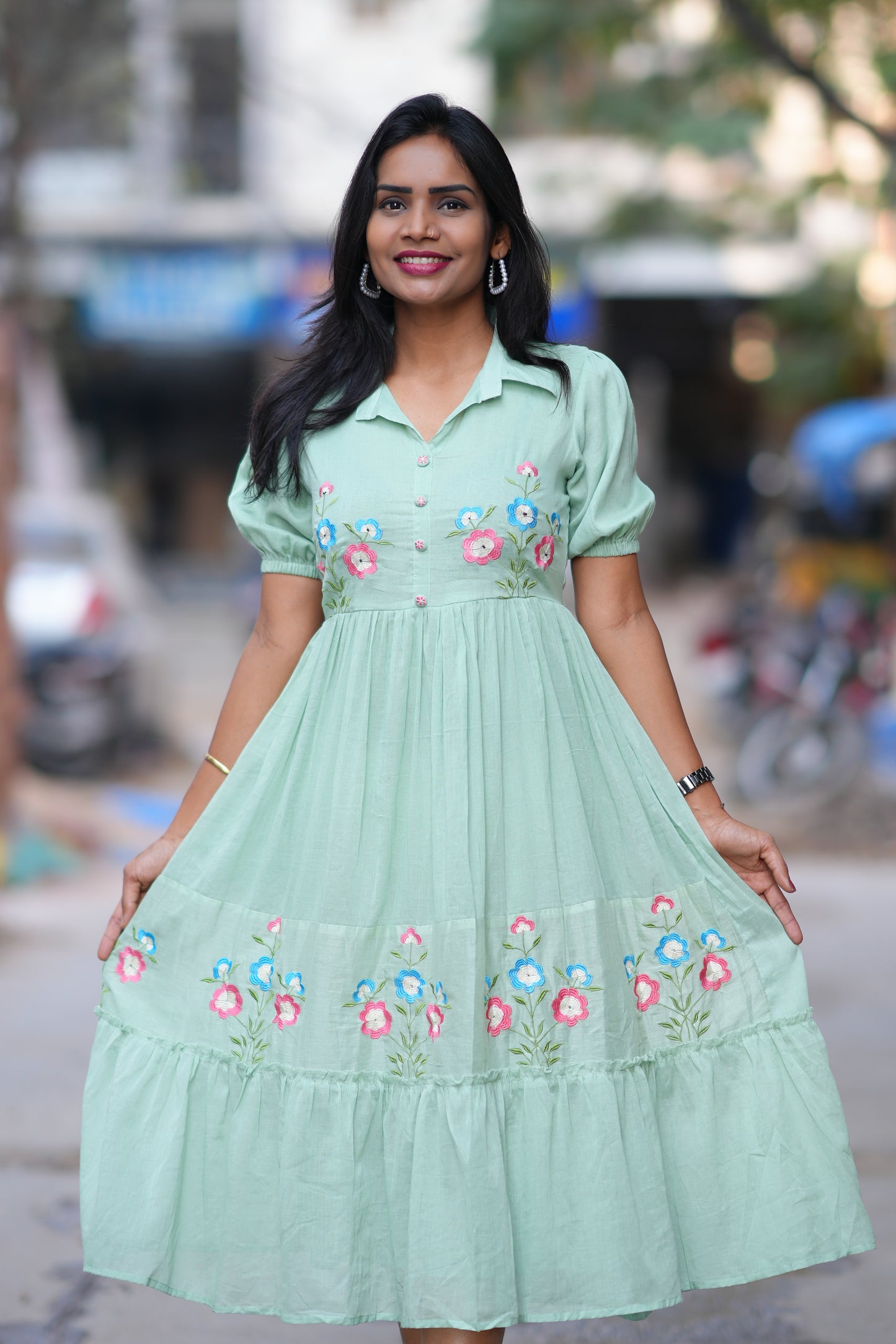 Pastel Green Color Mul cotton Frock With Embroidery work and full lining