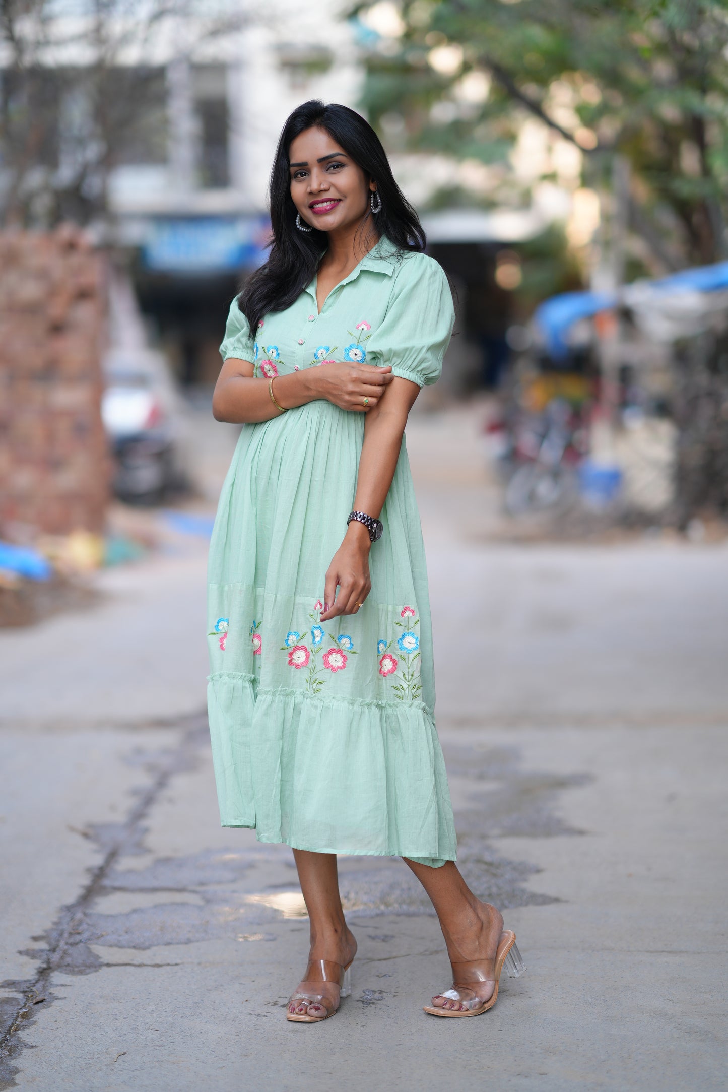 Pastel Green Color Mul cotton Frock With Embroidery work and full lining