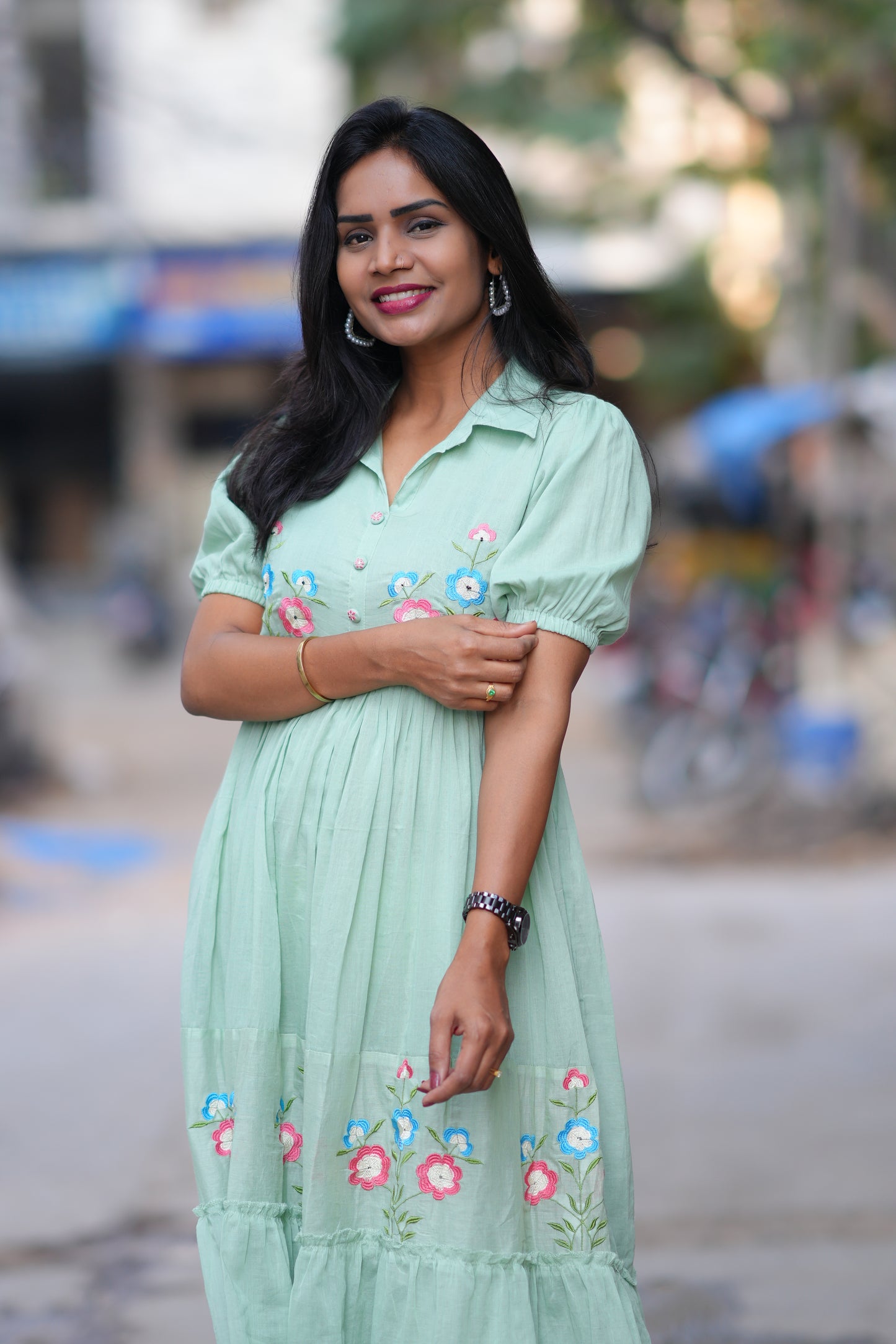 Pastel Green Color Mul cotton Frock With Embroidery work and full lining