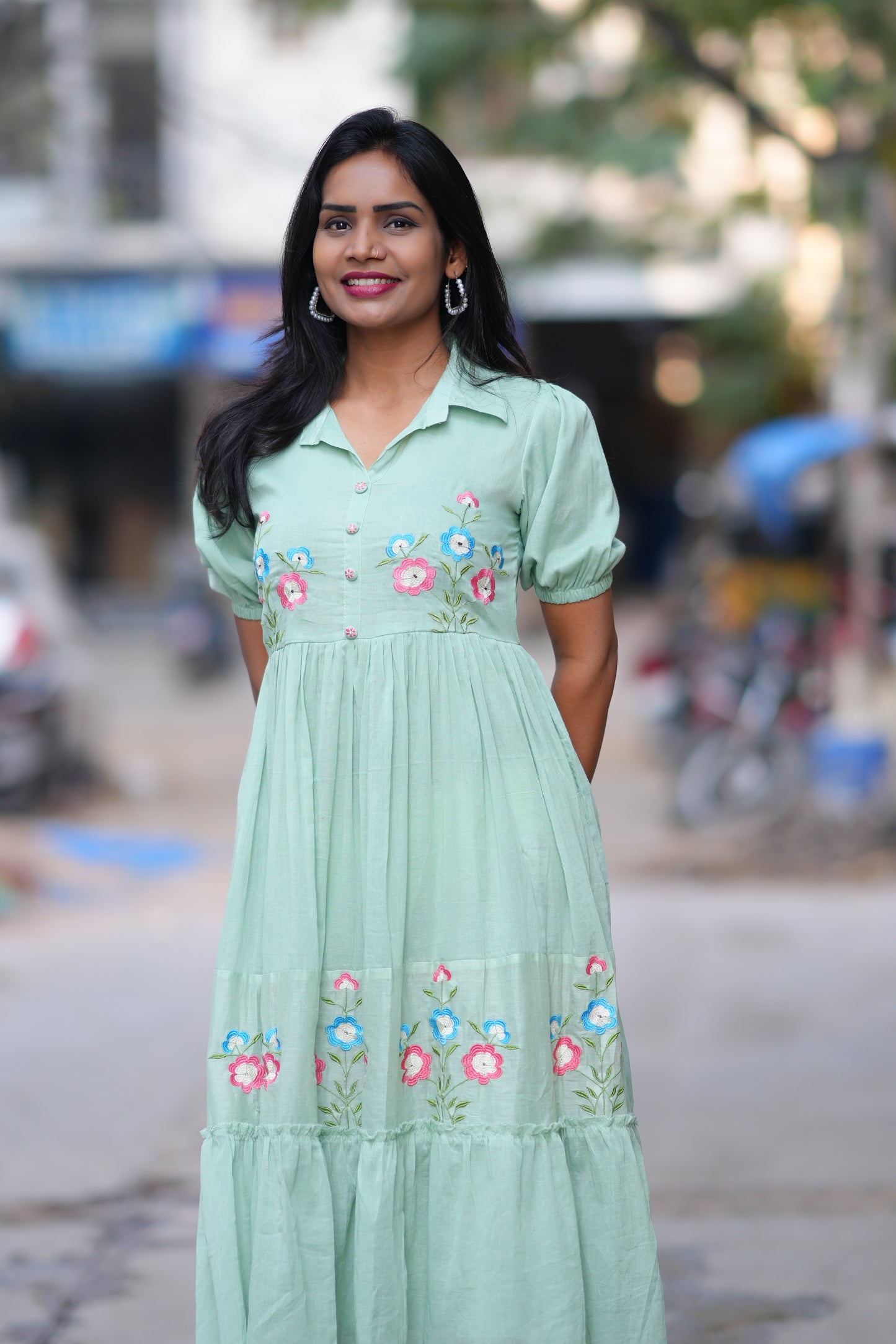 Pastel Green Color Mul cotton Frock With Embroidery work and full lining
