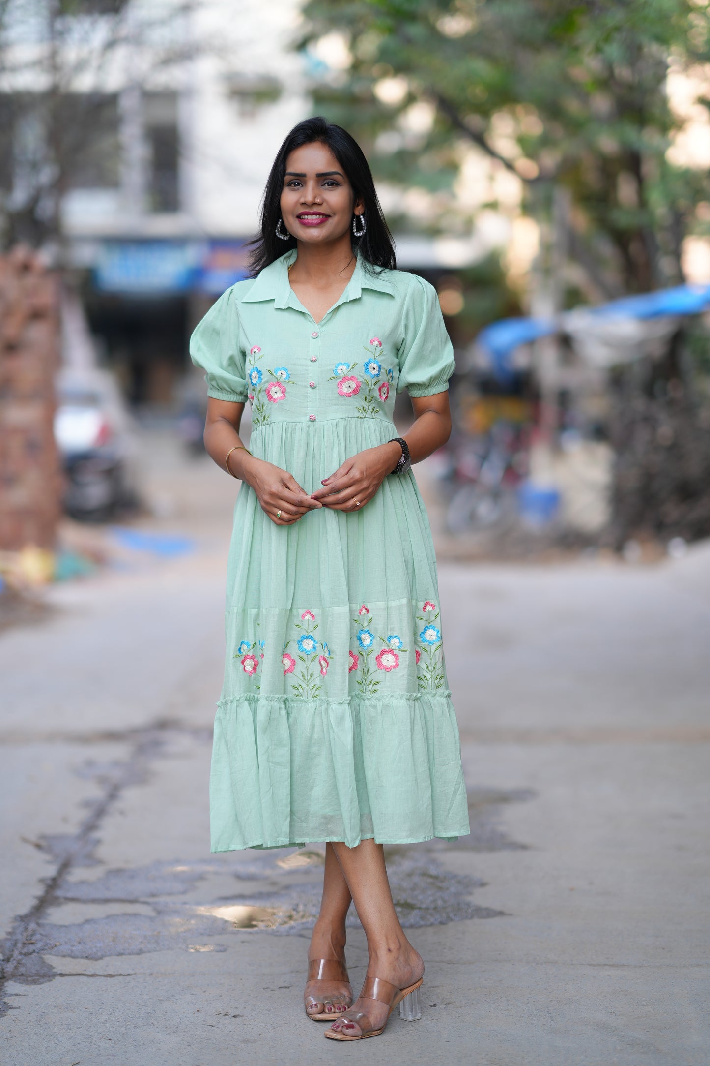 Pastel Green Color Mul cotton Frock With Embroidery work and full lining