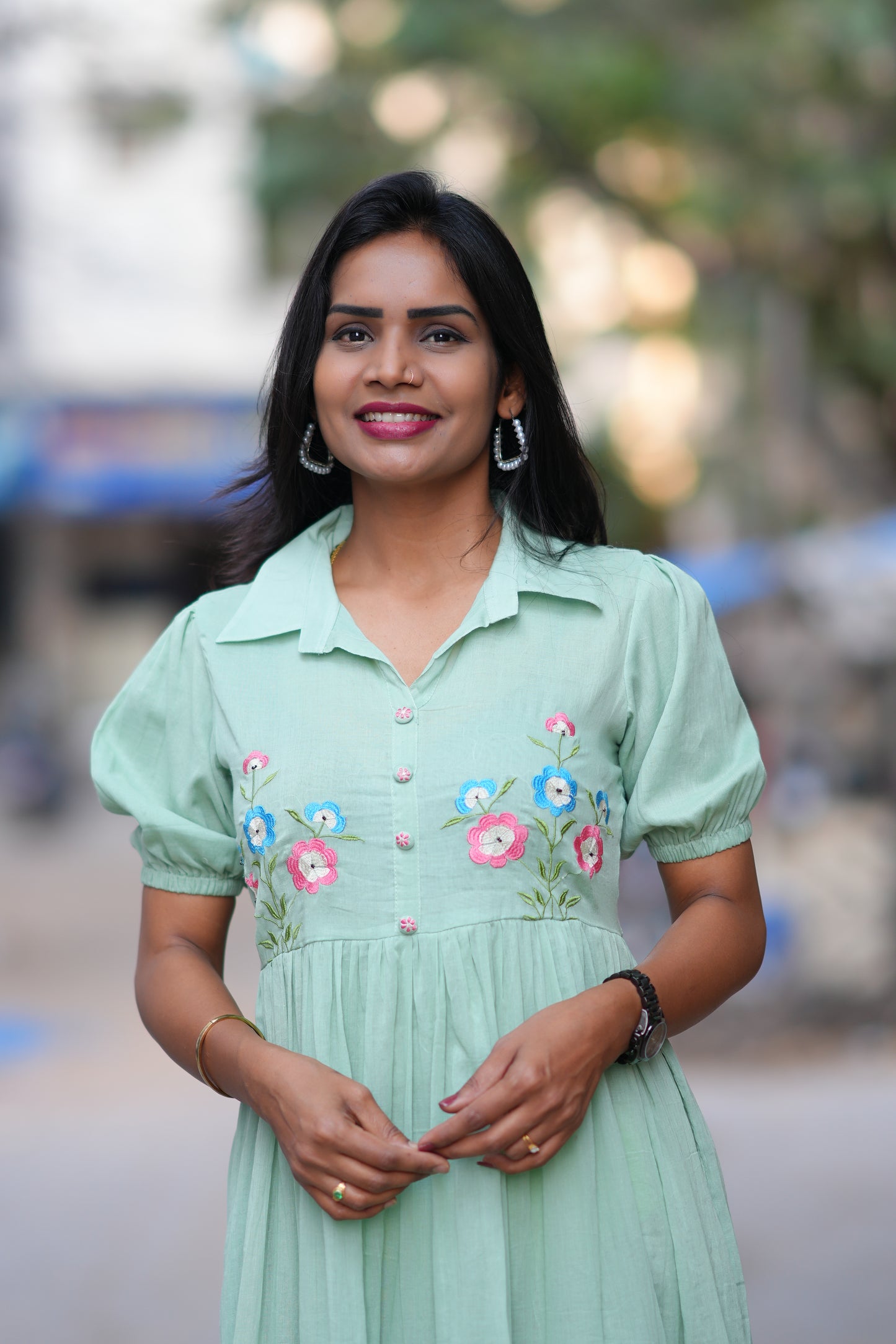 Pastel Green Color Mul cotton Frock With Embroidery work and full lining