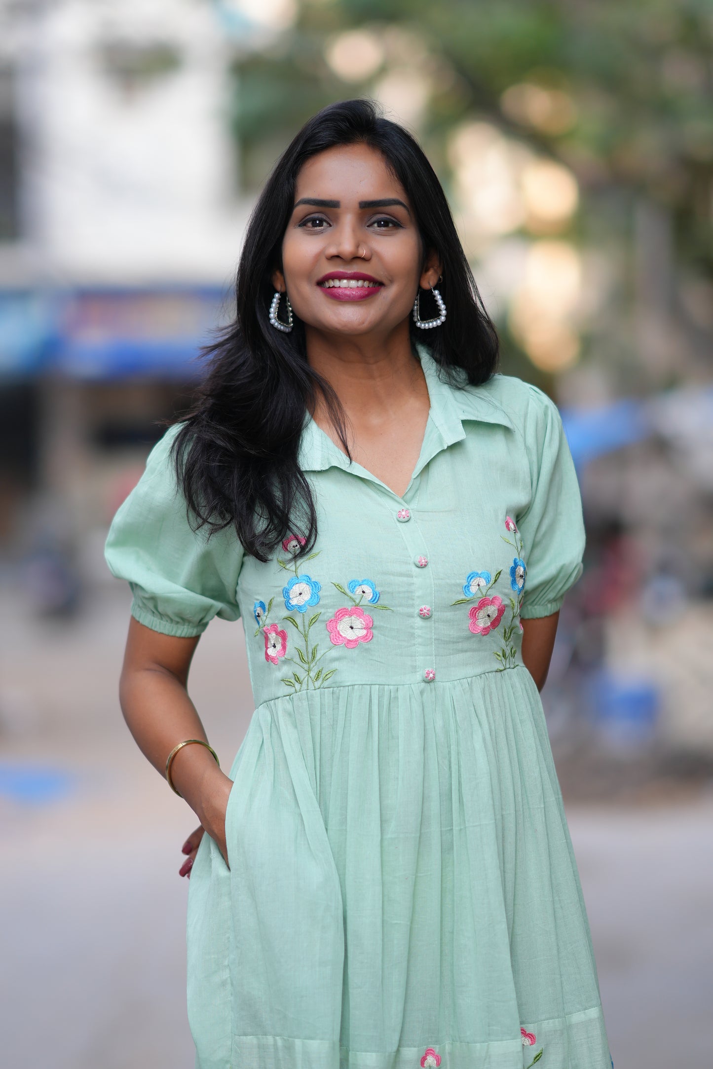 Pastel Green Color Mul cotton Frock With Embroidery work and full lining