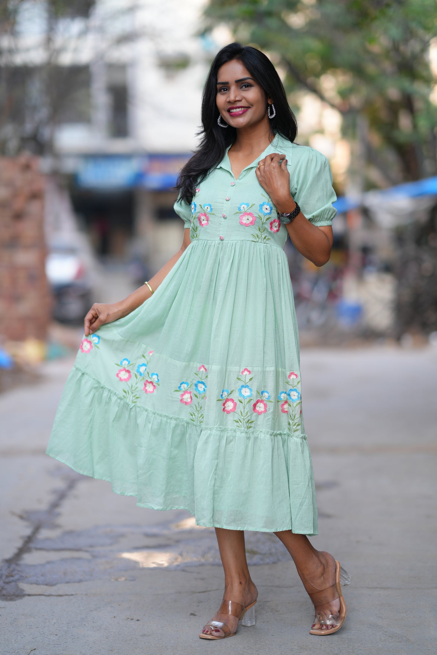 Pastel Green Color Mul cotton Frock With Embroidery work and full lining