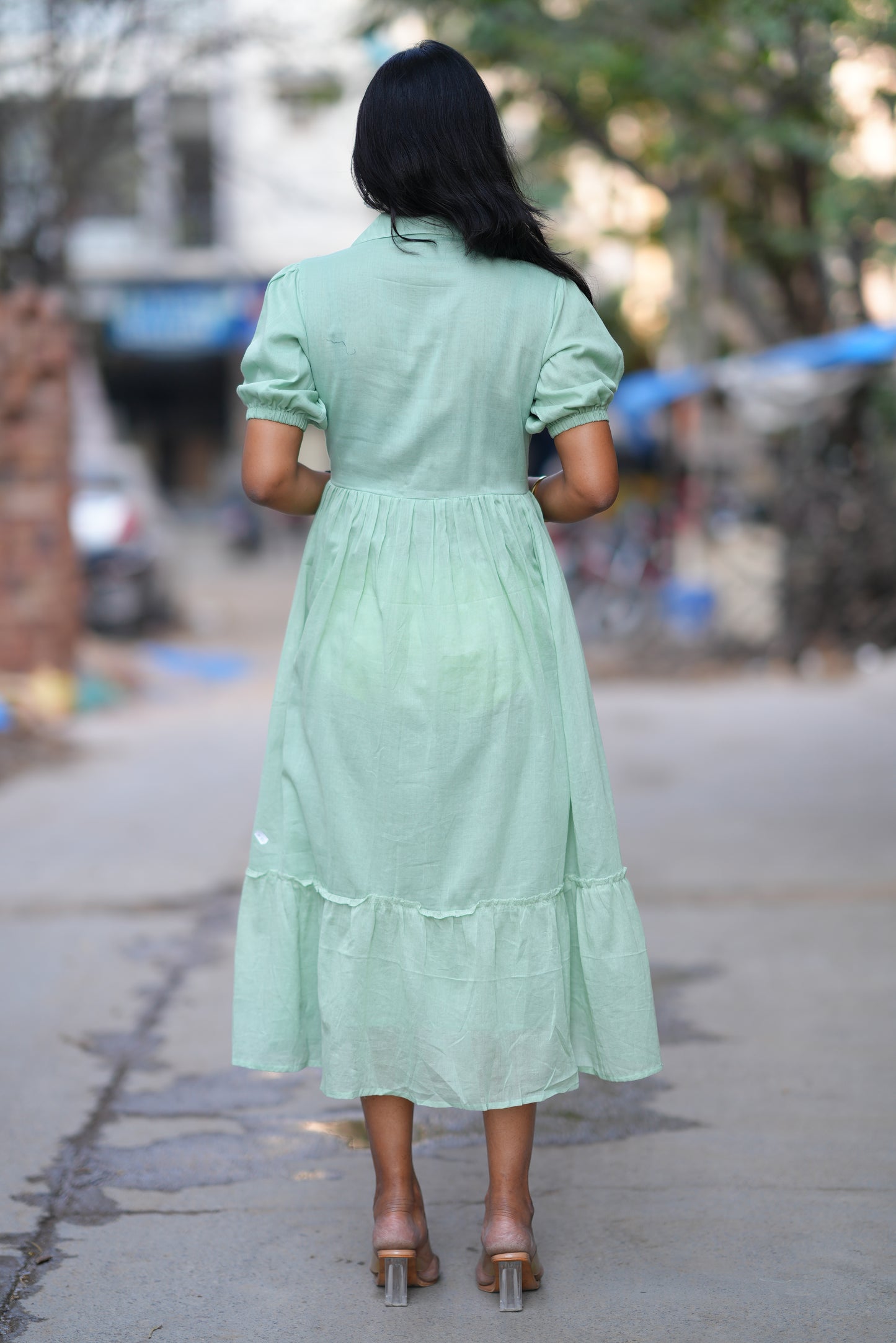 Pastel Green Color Mul cotton Frock With Embroidery work and full lining