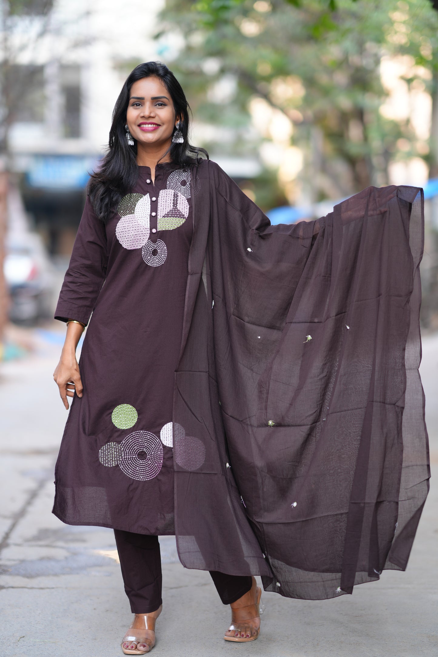 Coffee Brown Color Jaipur Cotton 3 Piece Set With Embroidery Work and Complete Lining
