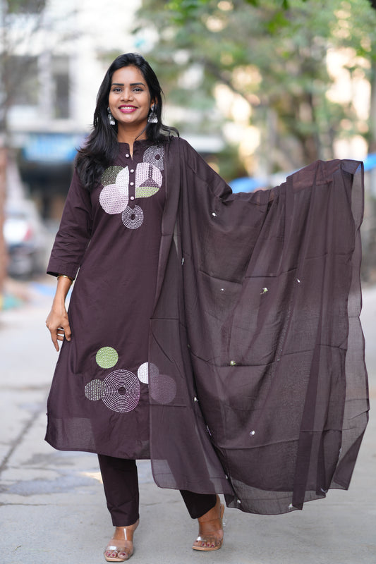 Coffee Brown Color Jaipur Cotton 3 Piece Set With Embroidery Work and Complete Lining
