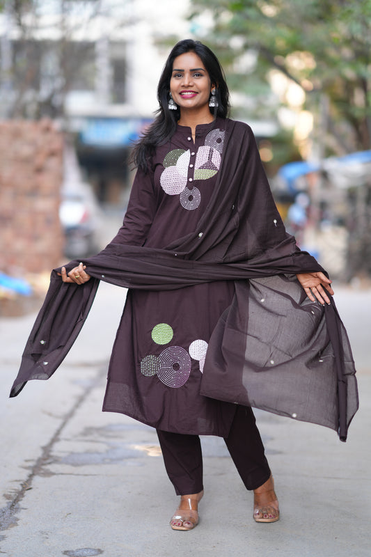 Brown Color Jaipur Cotton Desginer Wear 3 Piece Set