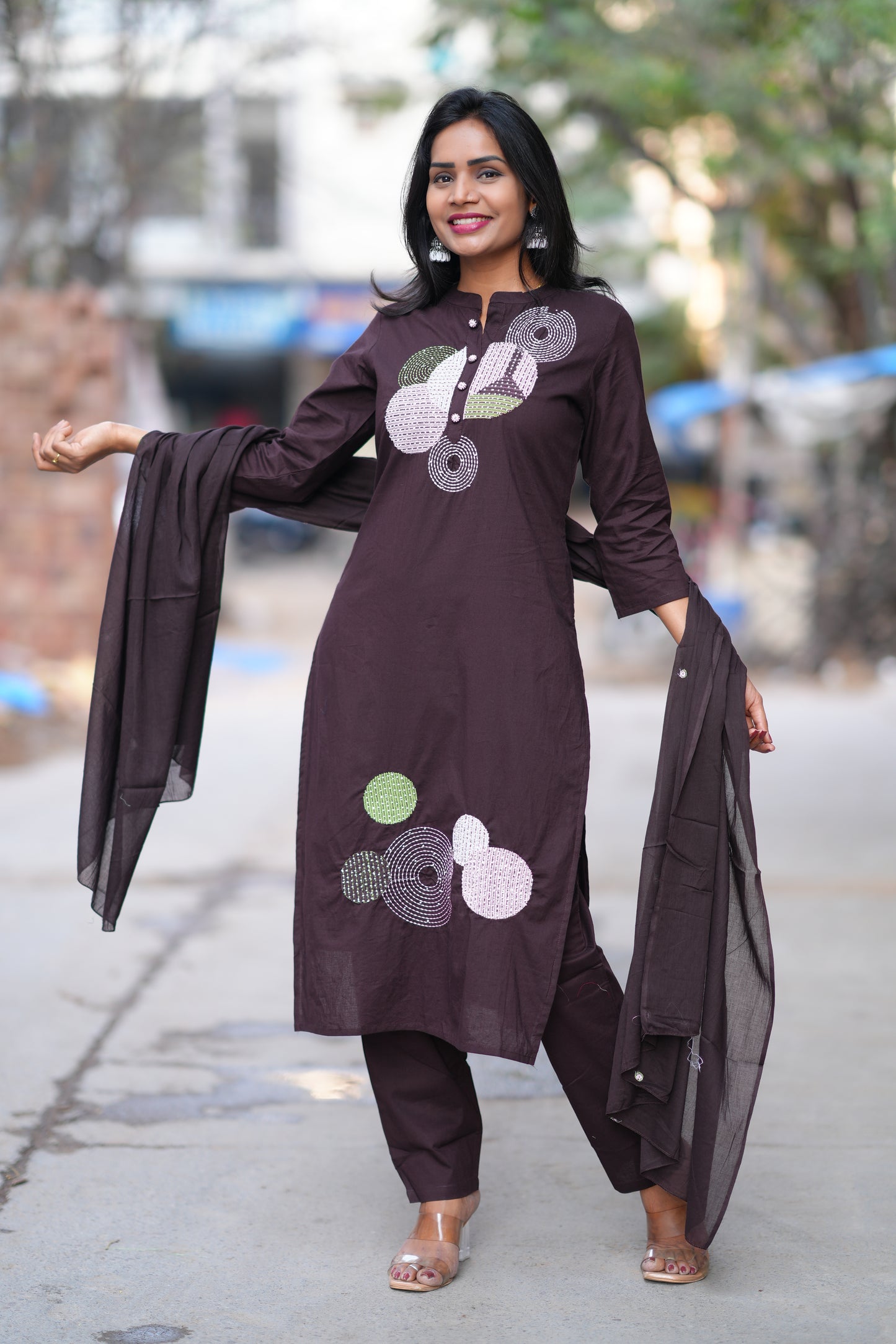 Coffee Brown Color Jaipur Cotton 3 Piece Set With Embroidery Work and Complete Lining