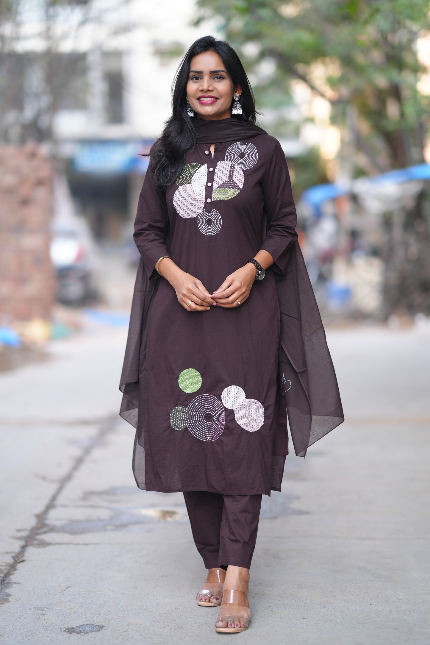 Coffee Brown Color Jaipur Cotton 3 Piece Set With Embroidery Work and Complete Lining