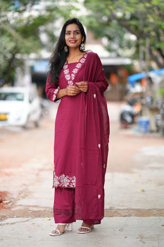 Applique Work Designer Wear 3 Piece Set in Jaipur Cotton With Complete Lining