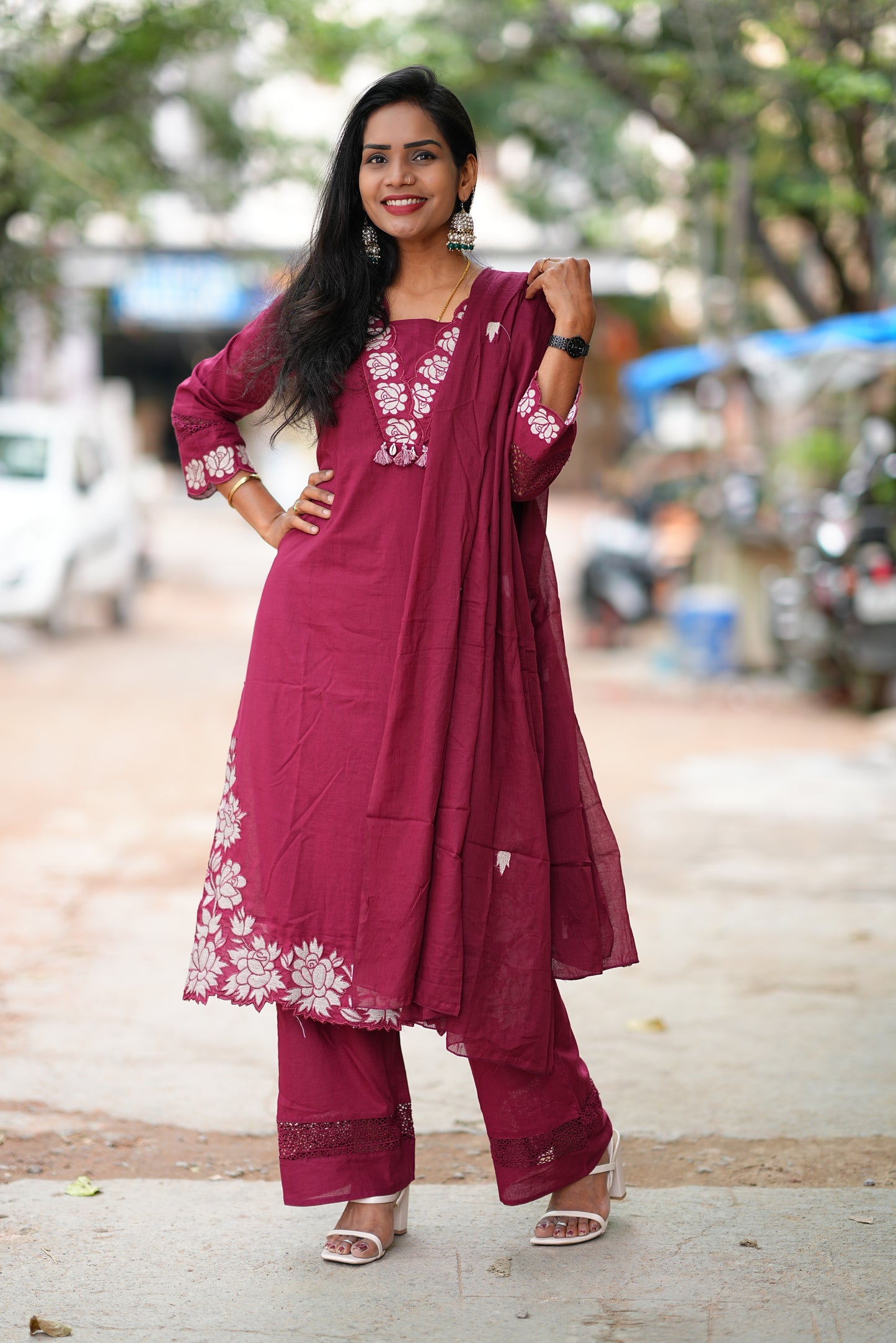 Applique Work Designer Wear 3 Piece Set in Jaipur Cotton With Complete Lining