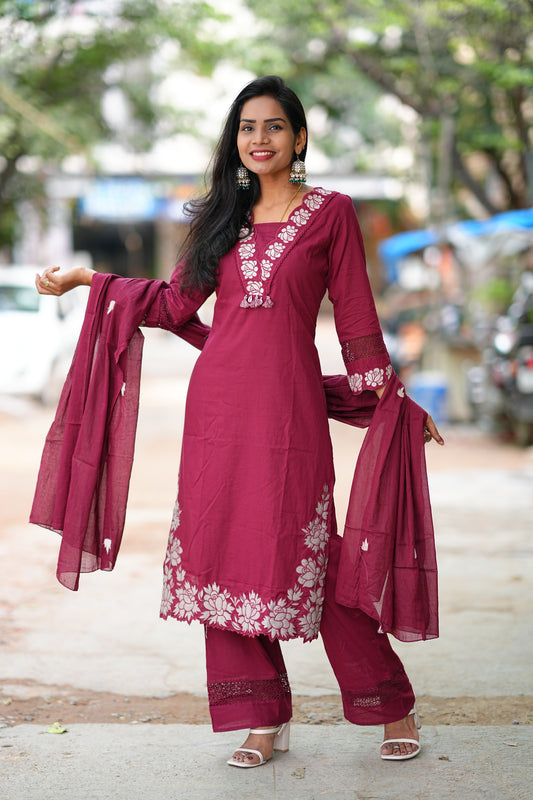 Applique Work Designer Wear 3 Piece Set in Jaipur Cotton With Complete Lining