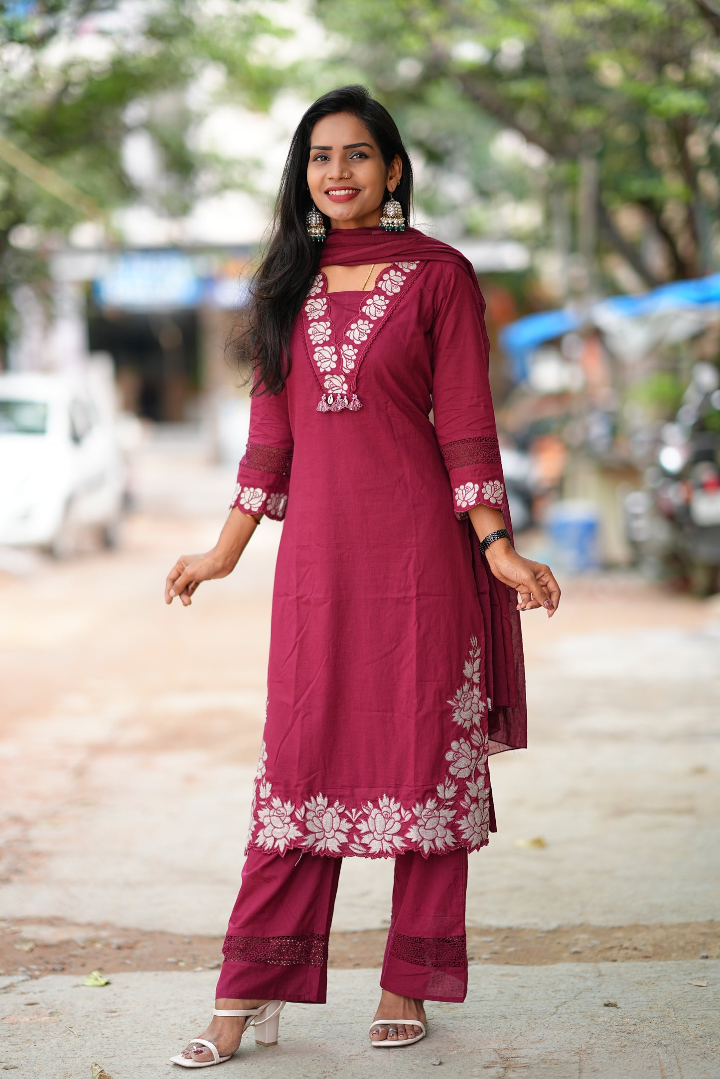 Applique Work Designer Wear 3 Piece Set in Jaipur Cotton With Complete Lining