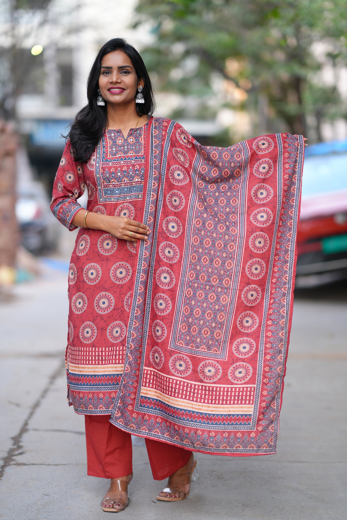 Red Color Fiber Cotton Office Wear 3 Piece Set