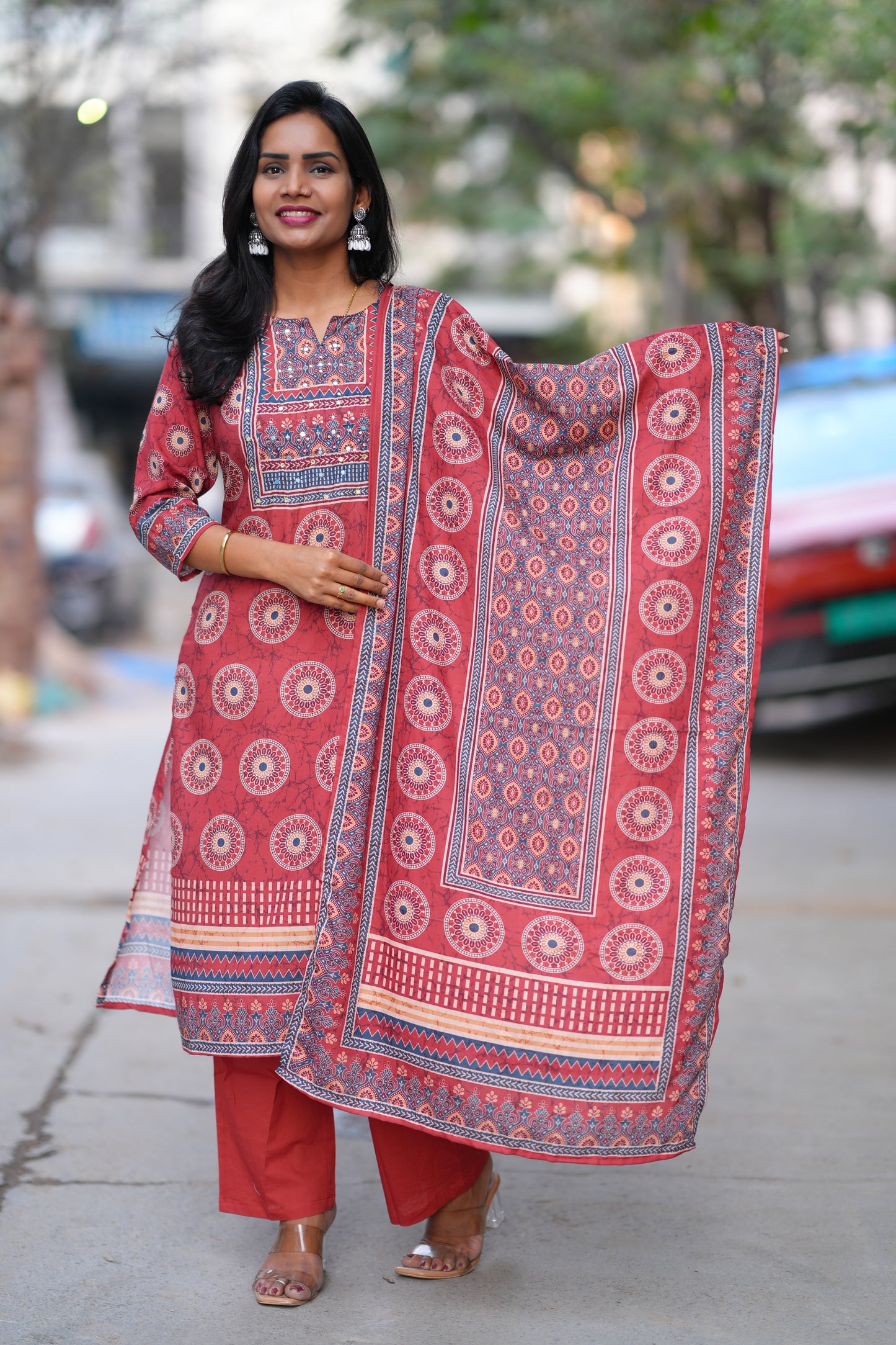 Red Color Fiber Cotton Office Wear 3 Piece Set
