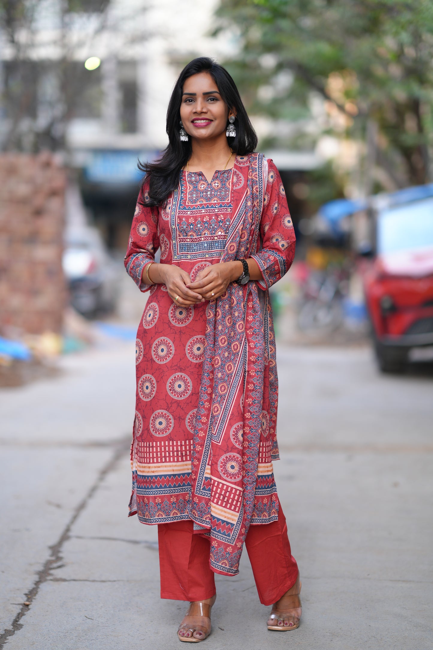 Red Color Fiber Cotton Office Wear 3 Piece Set