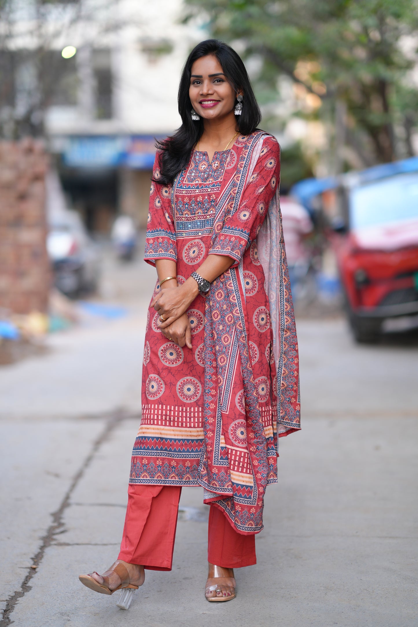 Red Color Fiber Cotton Office Wear 3 Piece Set