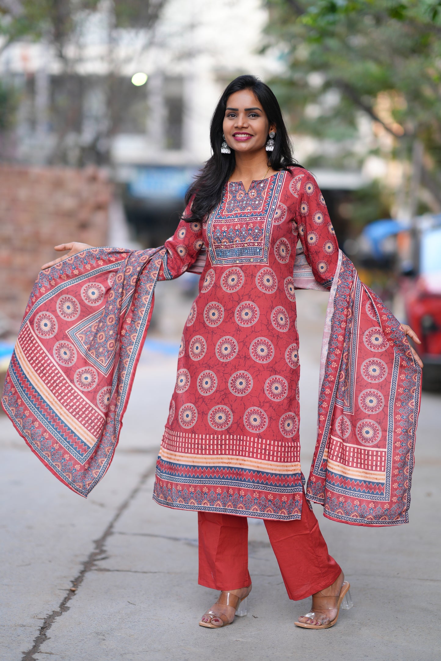 Red Color Fiber Cotton Office Wear 3 Piece Set