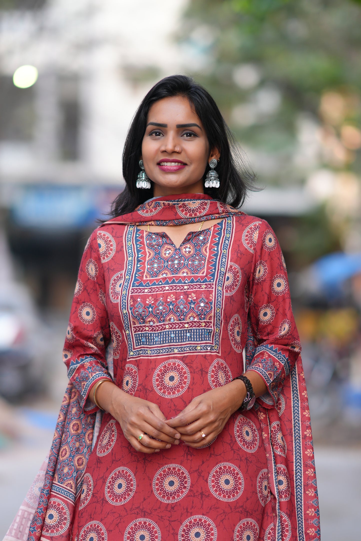 Red Color Fiber Cotton Office Wear 3 Piece Set