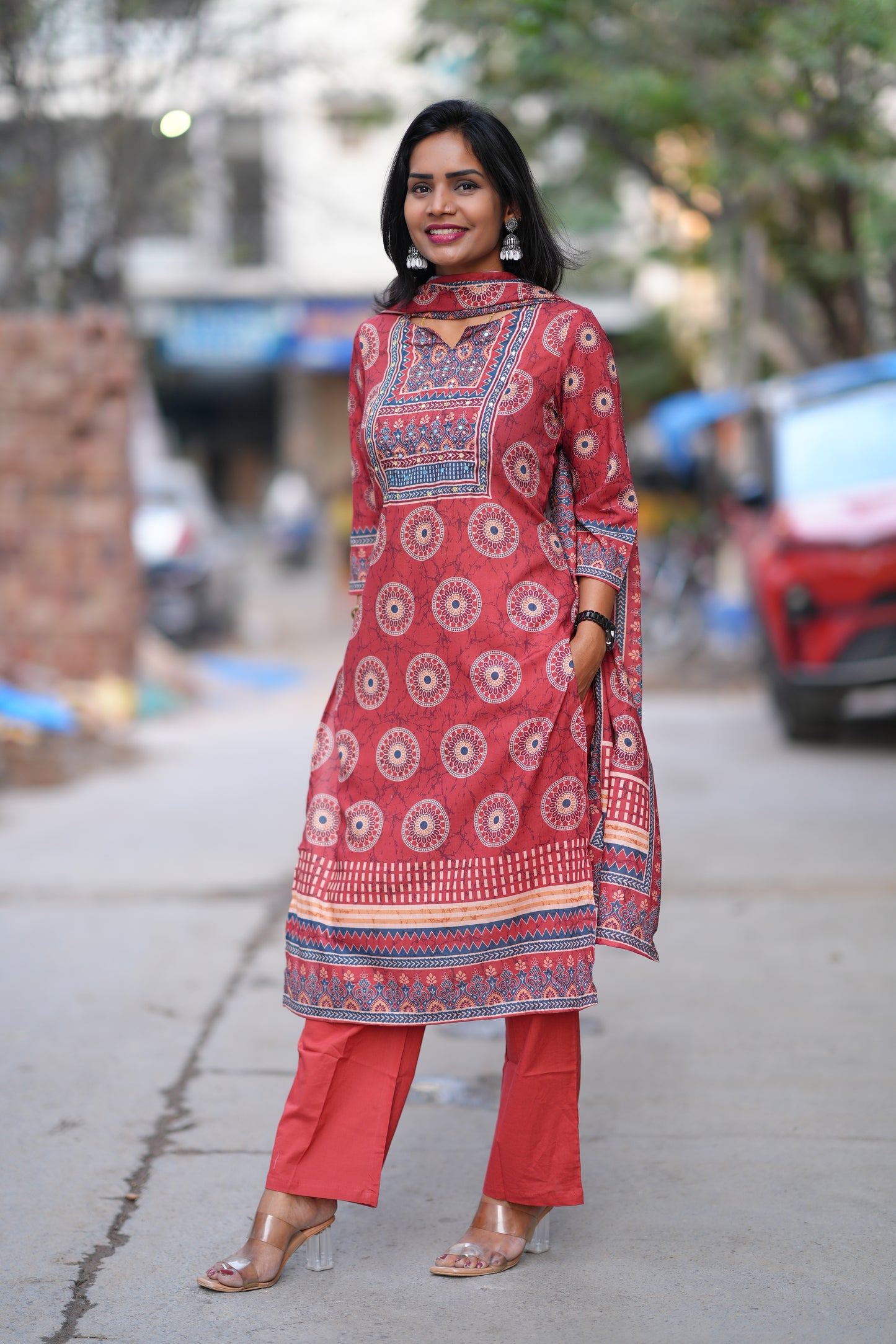 Red Color Fiber Cotton Office Wear 3 Piece Set