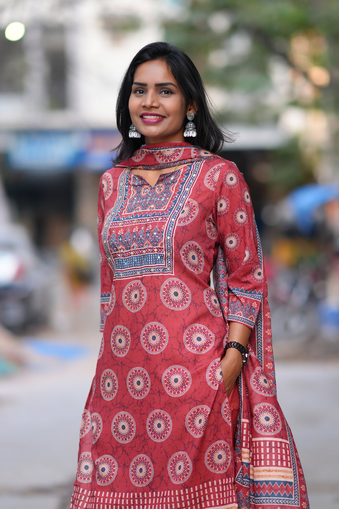 Red Color Fiber Cotton Office Wear 3 Piece Set