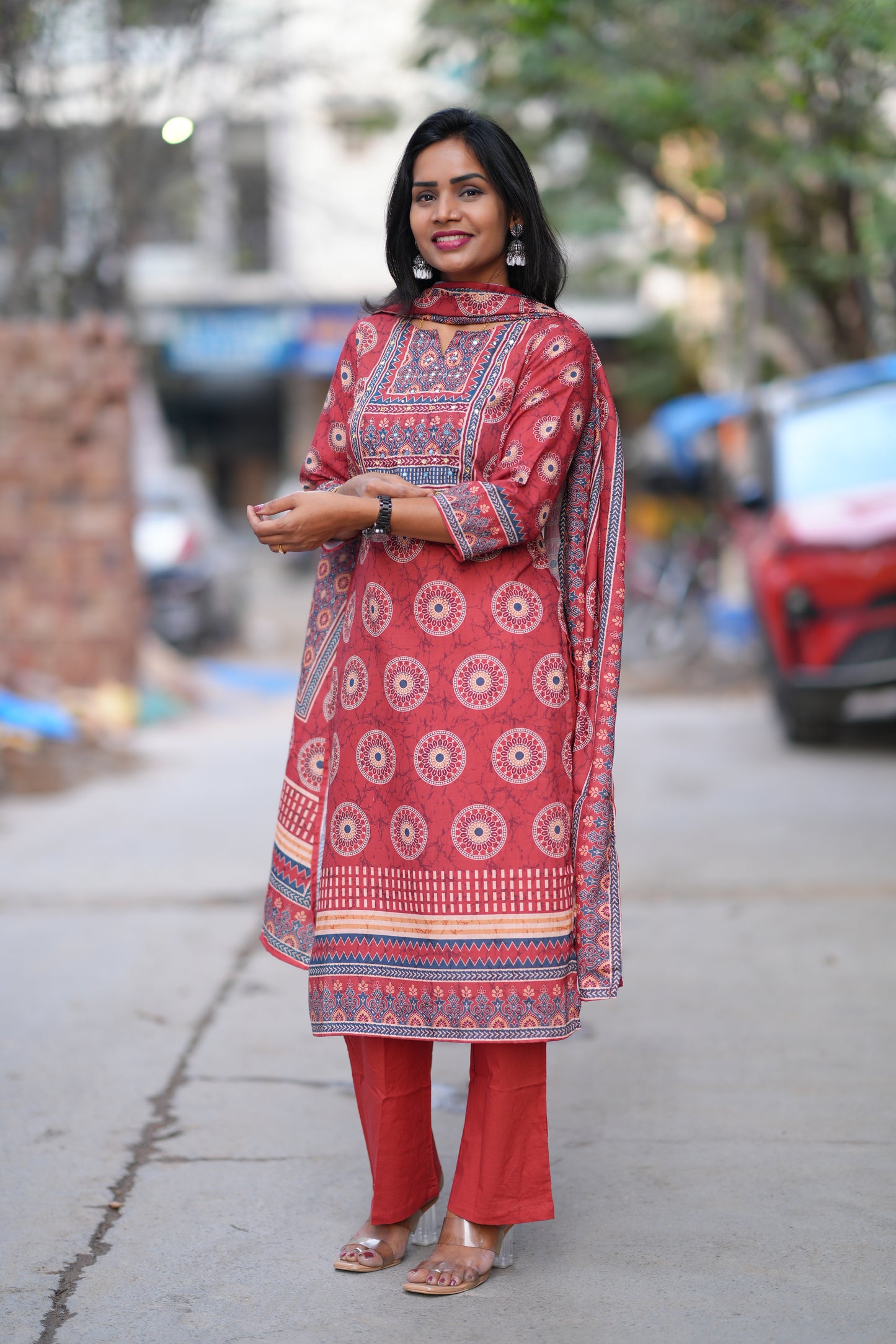 Red Color Fiber Cotton Office Wear 3 Piece Set