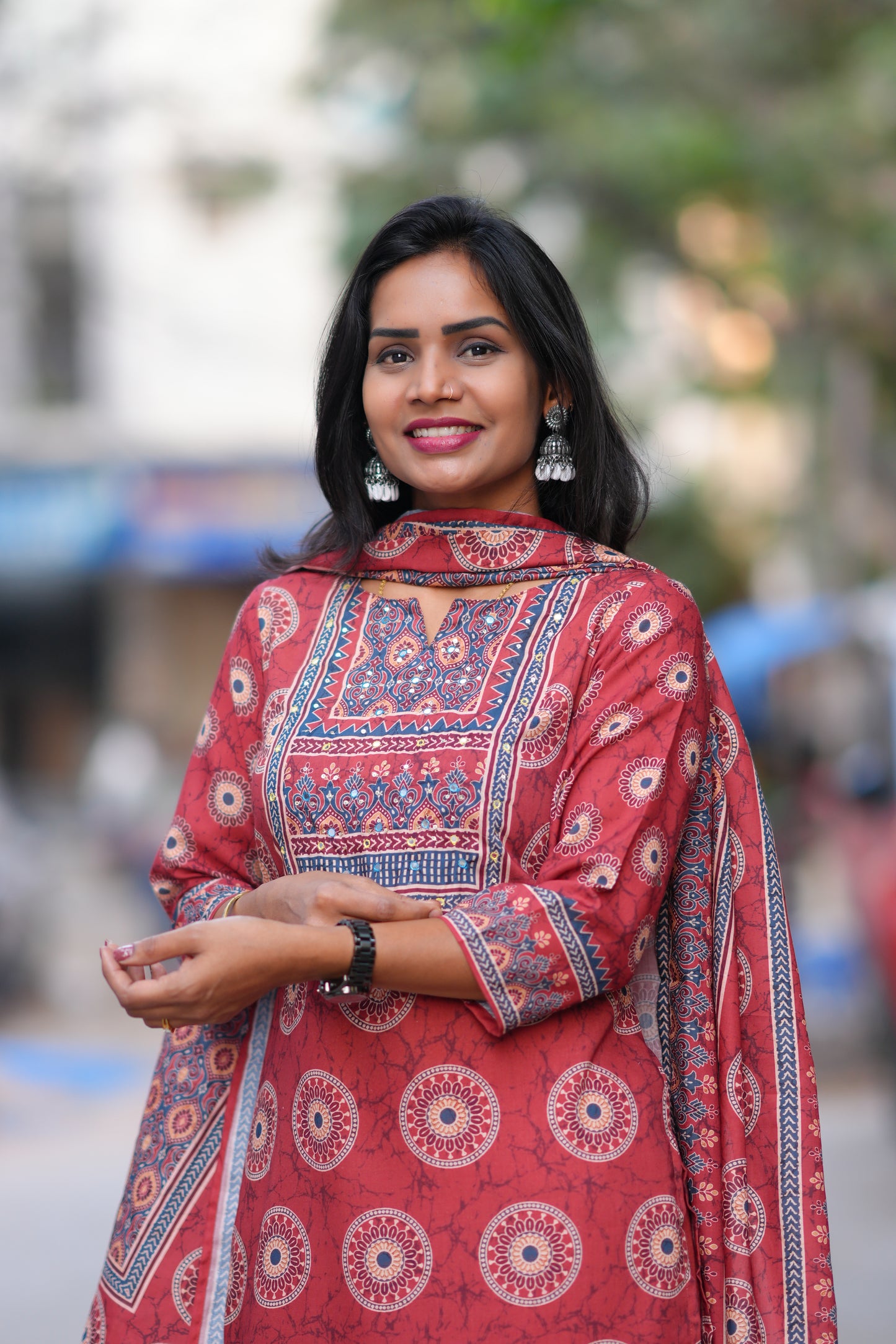 Red Color Fiber Cotton Office Wear 3 Piece Set