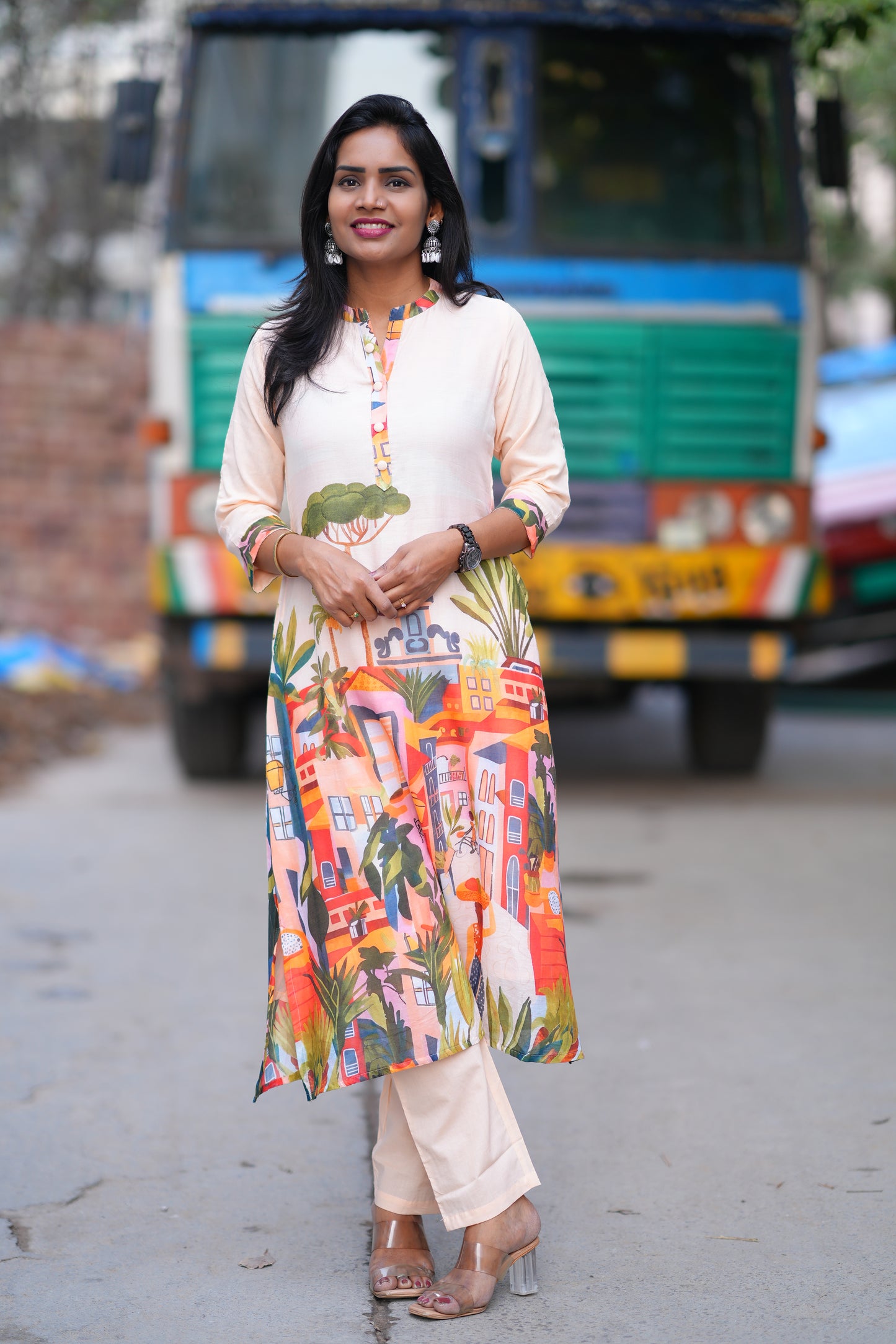 Cream Color Mul Cotton Office Wear Cordset With Full Lining