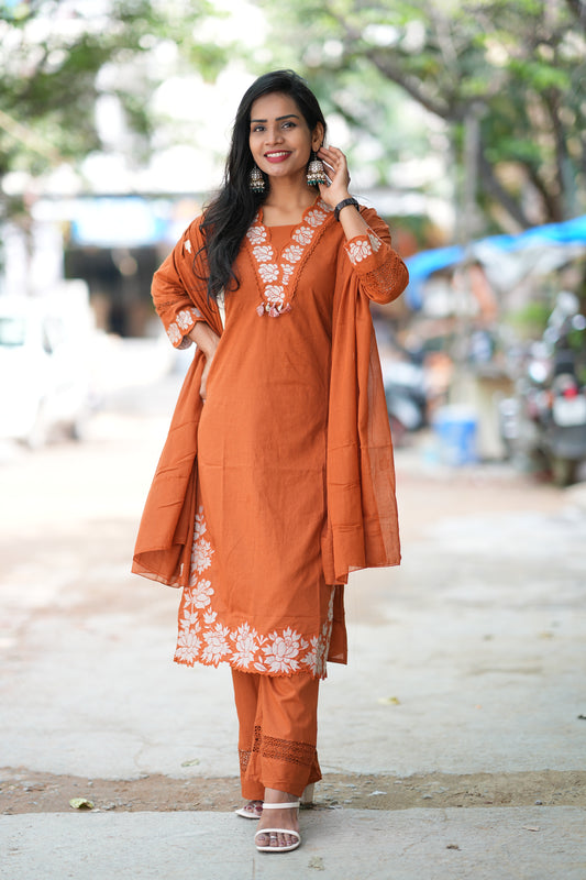 Applique Work Designer Wear 3 Piece Set in Jaipur Cotton With Complete Lining