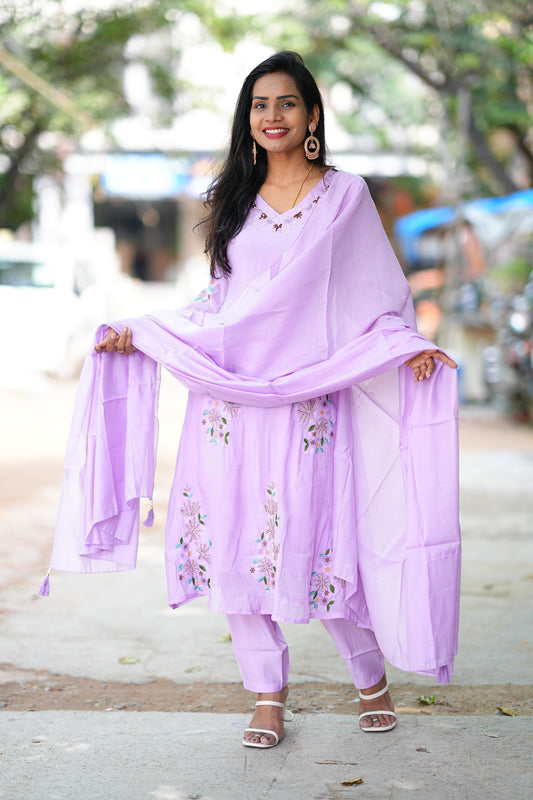 Lavender Color Mul Chanderi Designer Wear 3 Piece Set With Complete Lining