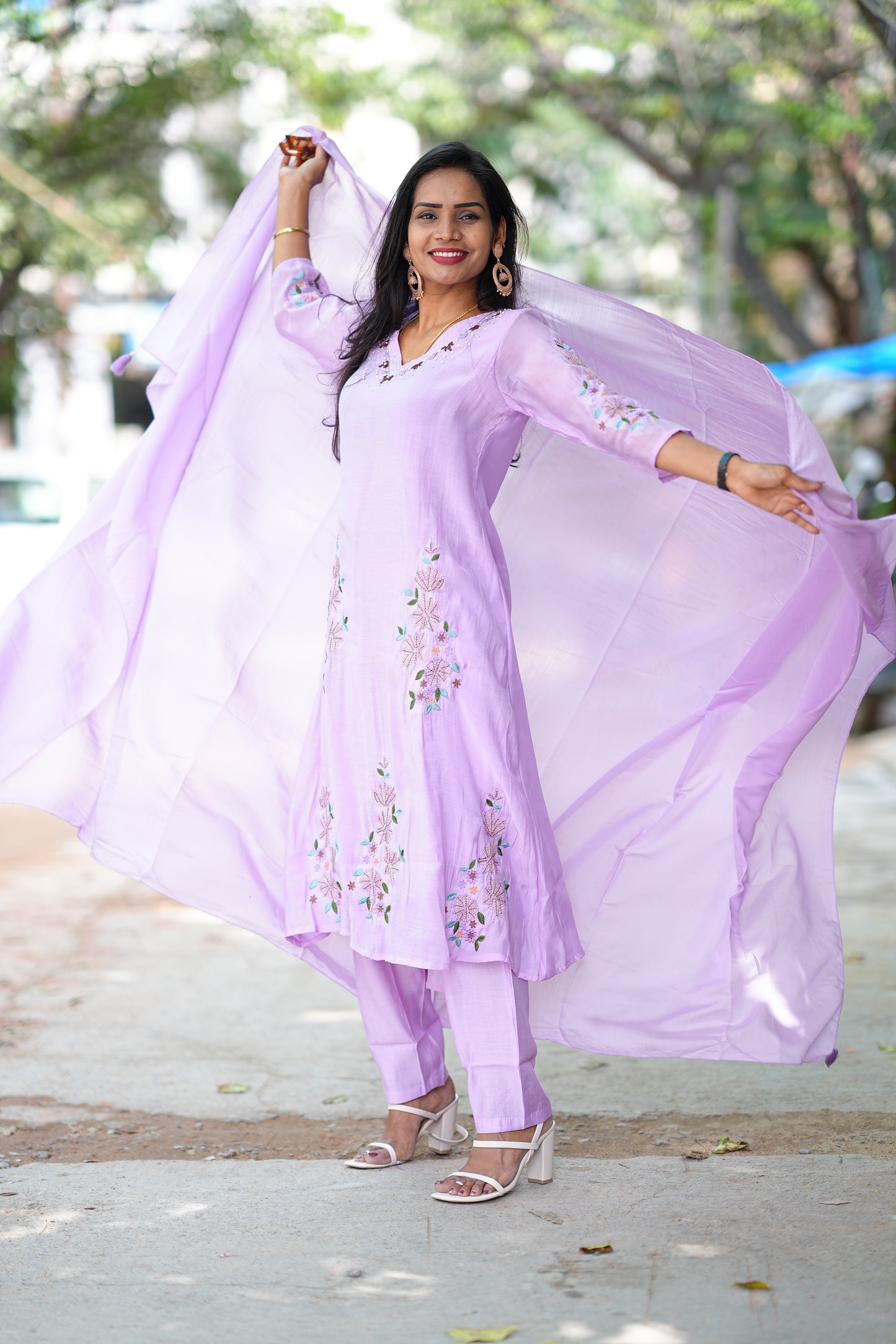 Lavender Color Mul Chanderi Designer Wear 3 Piece Set With Complete Lining