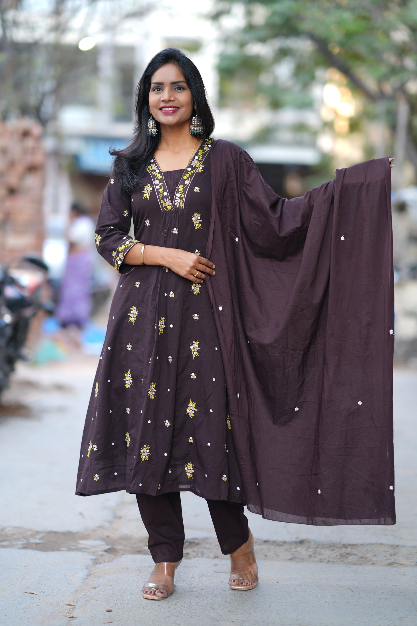 Brown Color Jaipur Cotton 3 Piece Set With Embroidery Work and Complete Lining