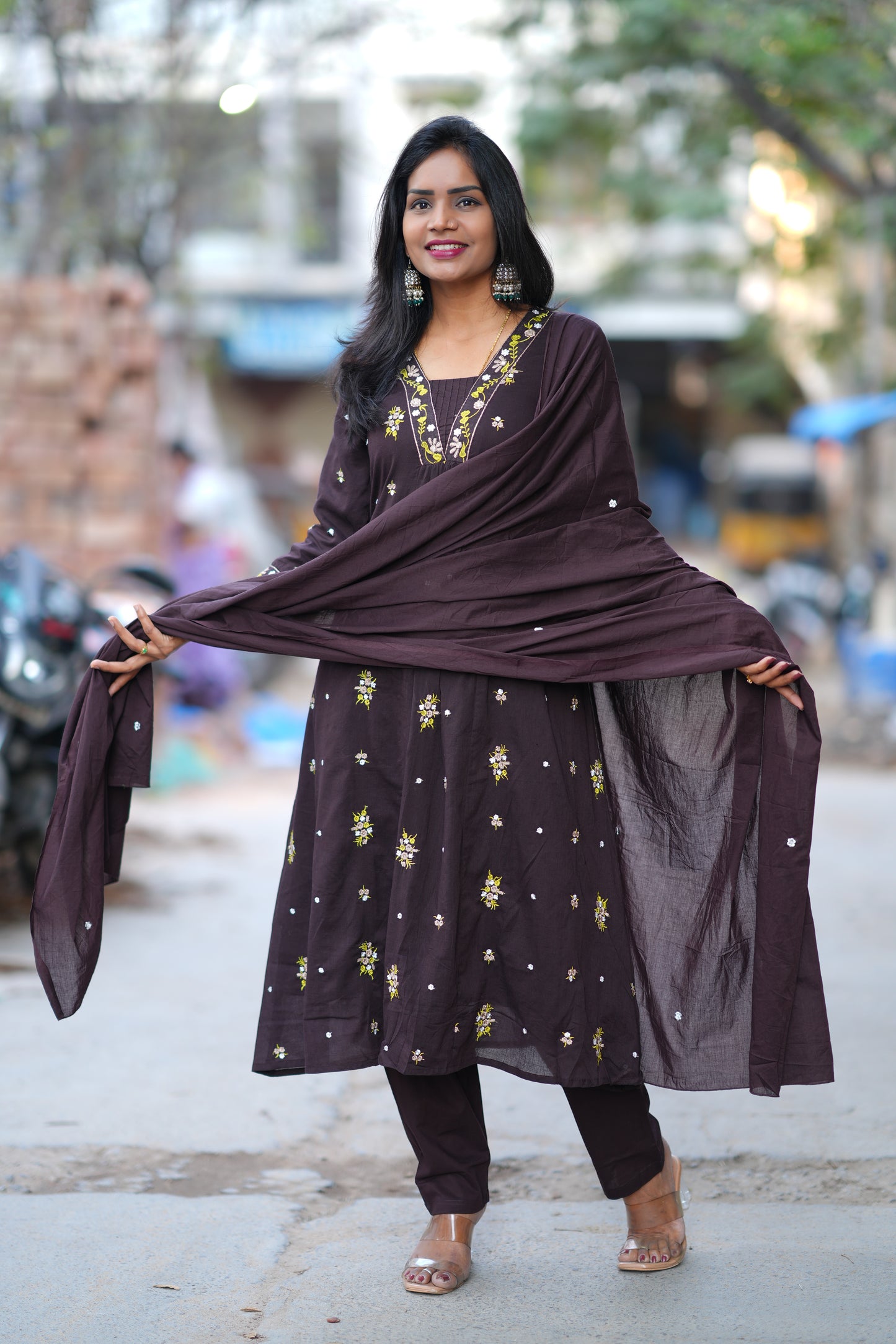Brown Color Jaipur Cotton 3 Piece Set With Embroidery Work and Complete Lining