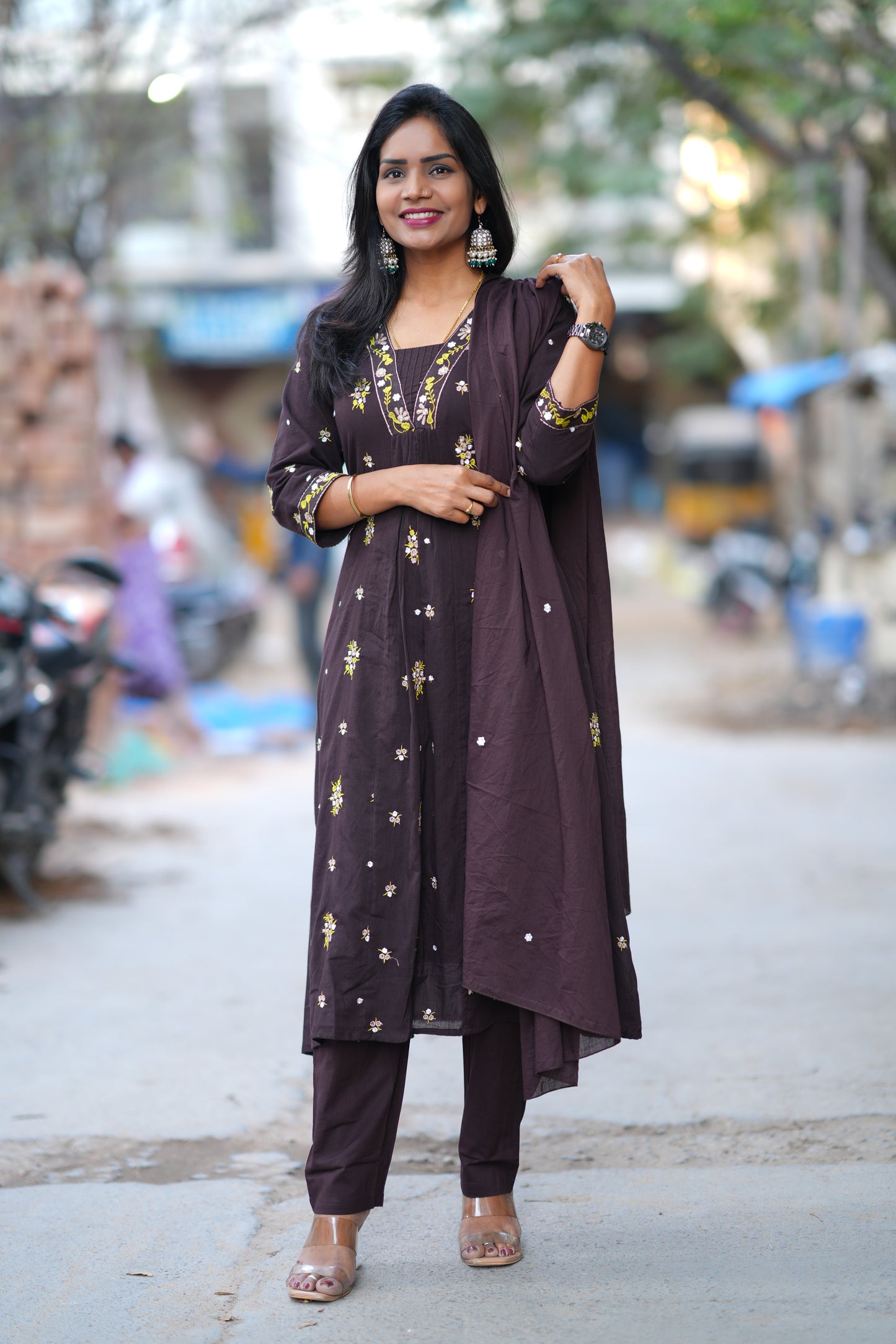 Brown Color Jaipur Cotton 3 Piece Set With Embroidery Work and Complete Lining