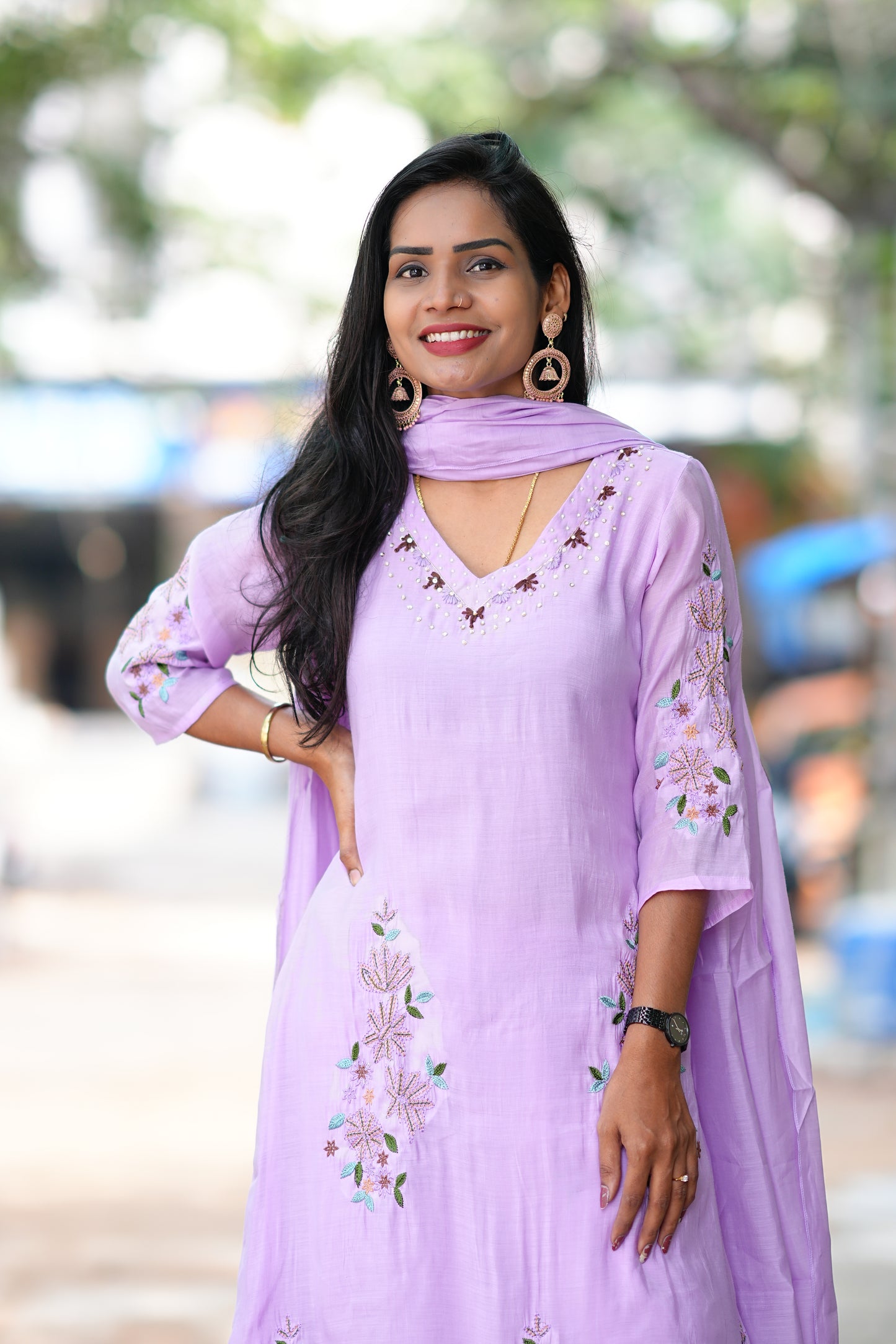 Lavender Color Mul Chanderi Designer Wear 3 Piece Set With Complete Lining