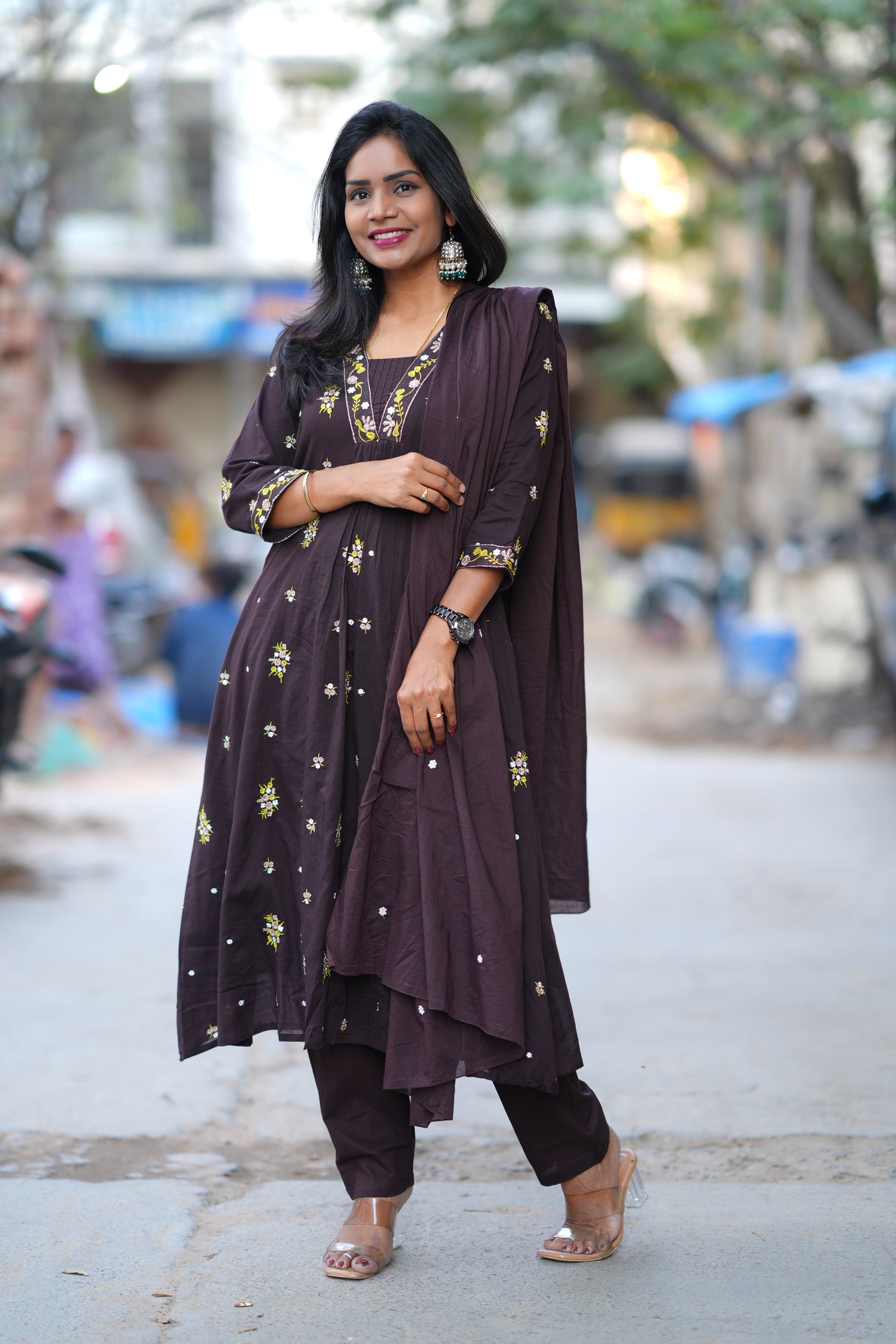 Brown Color Jaipur Cotton 3 Piece Set With Embroidery Work and Complete Lining