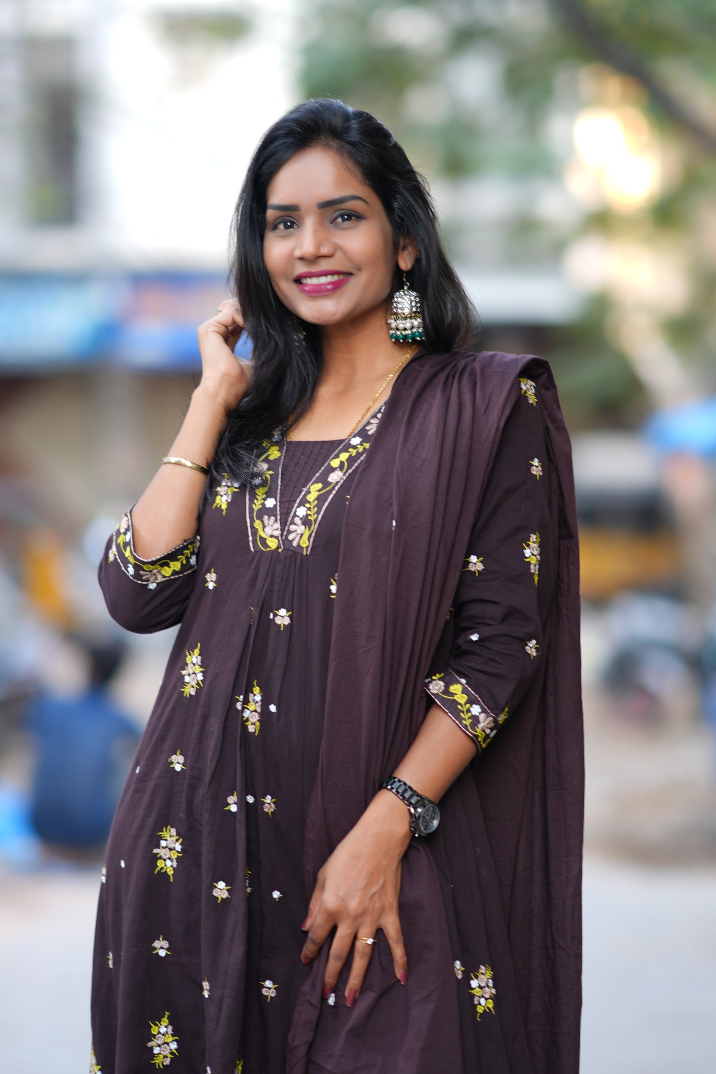 Brown Color Jaipur Cotton 3 Piece Set With Embroidery Work and Complete Lining